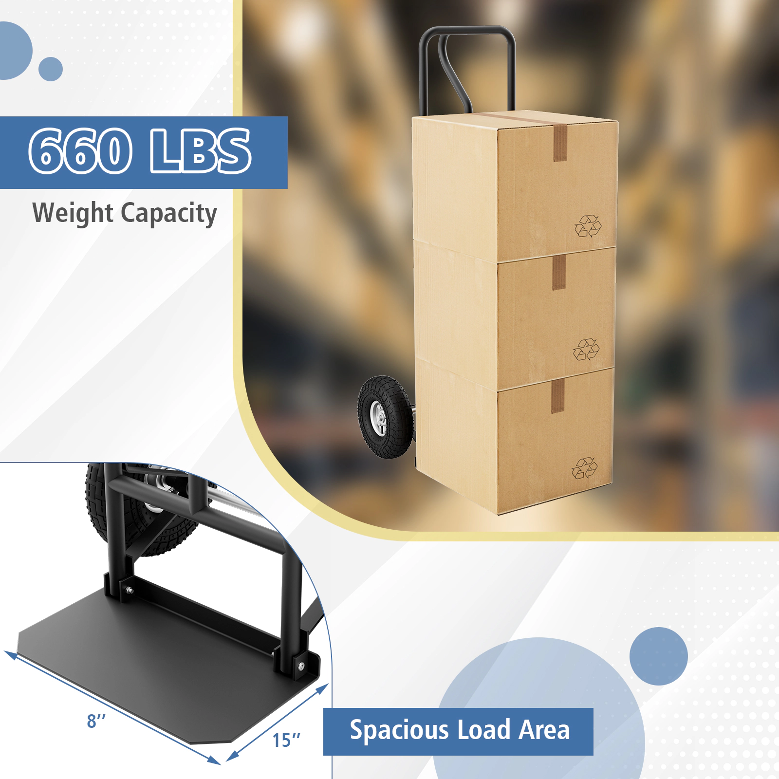 SUGIFT Folding Load Plate P-Handle Steel Frame Hand Truck 21-in x 19-in x 52-in 660-lb Capacity 10-in Wheels Black