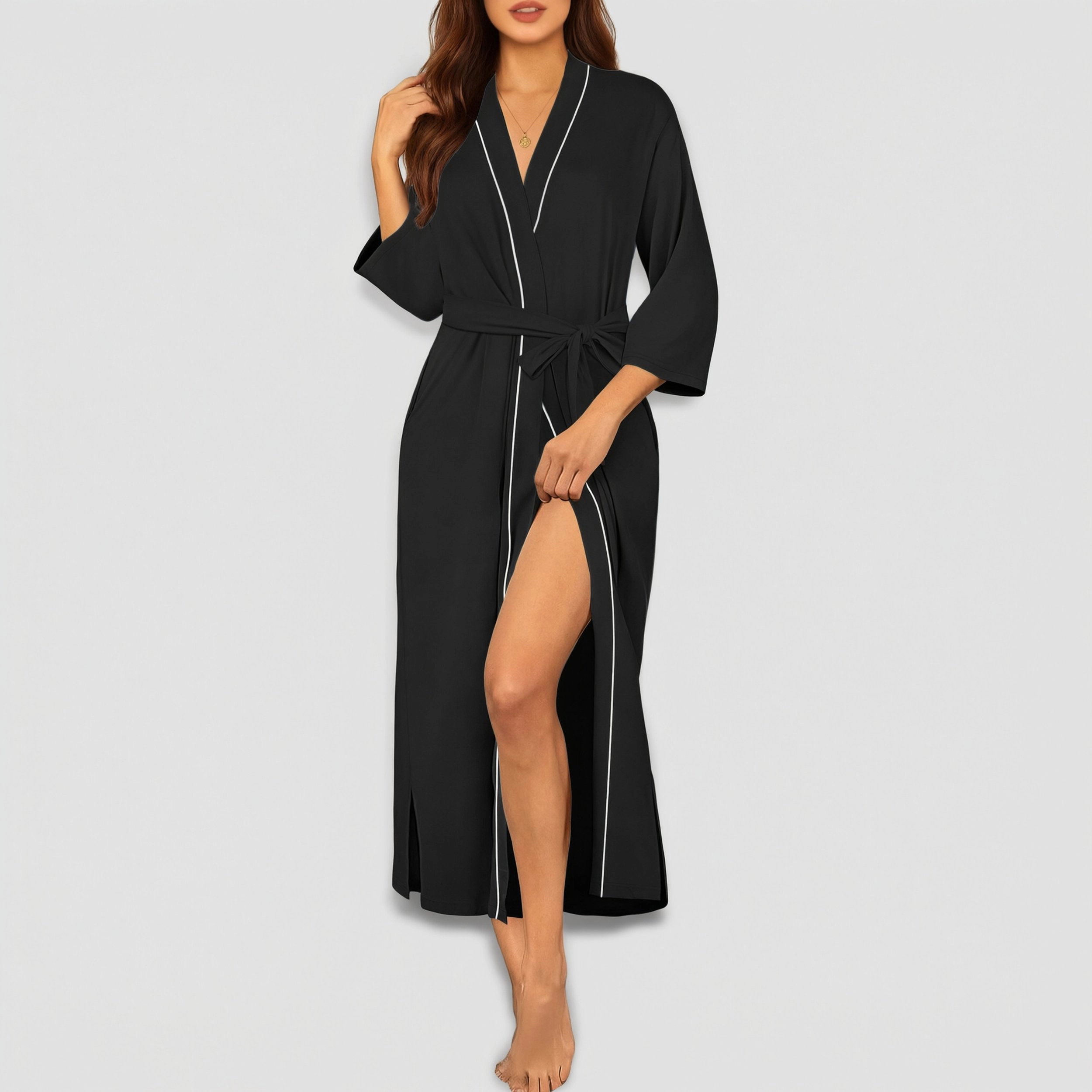 Ekouaer Womens Long Robe Knit Bathrobe Lightweight Three Quarter Sleeves Kimono Soft Sleepwear