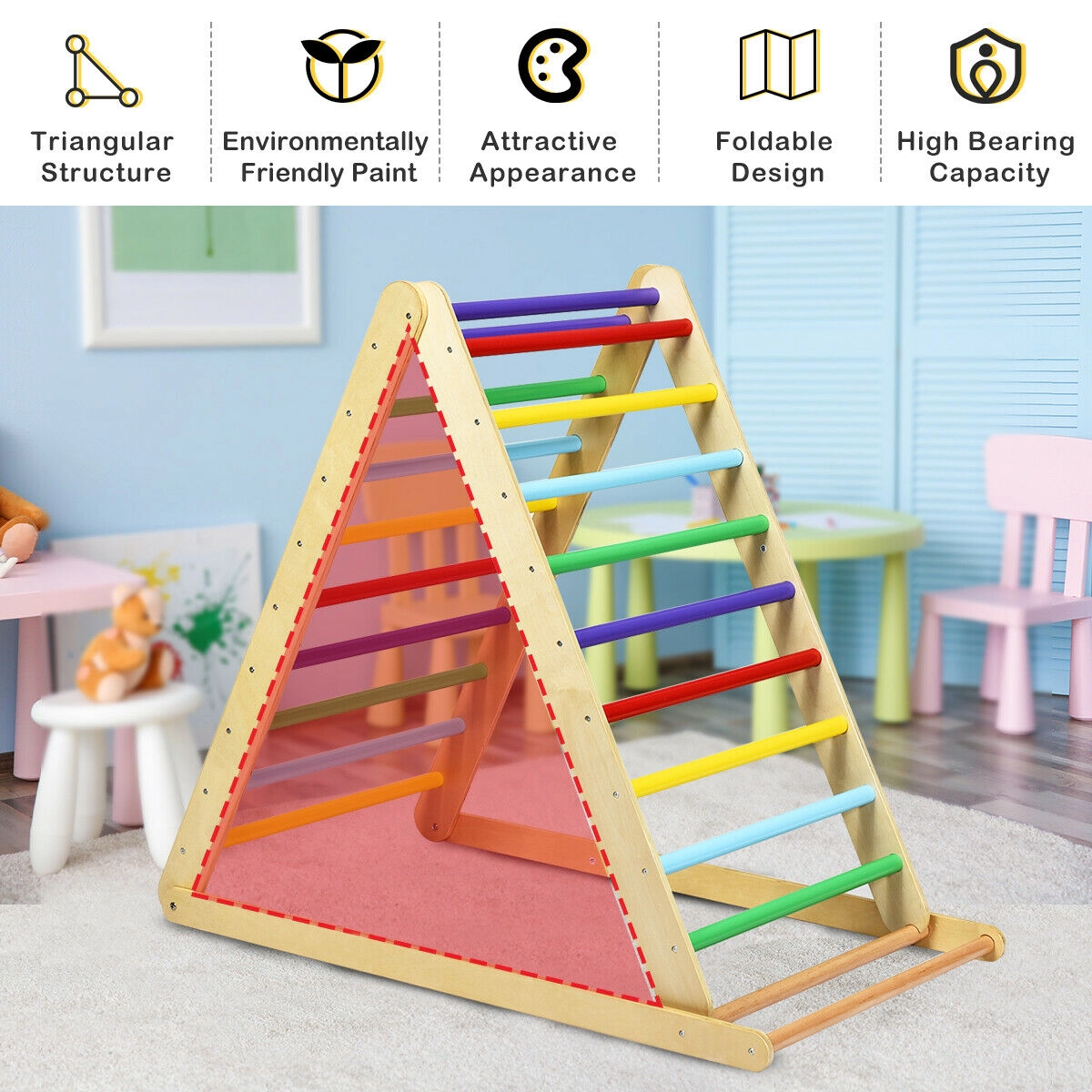 LJG Kids Foldable Wooden Climbing Triangle Indoor Home Climber Ladder
