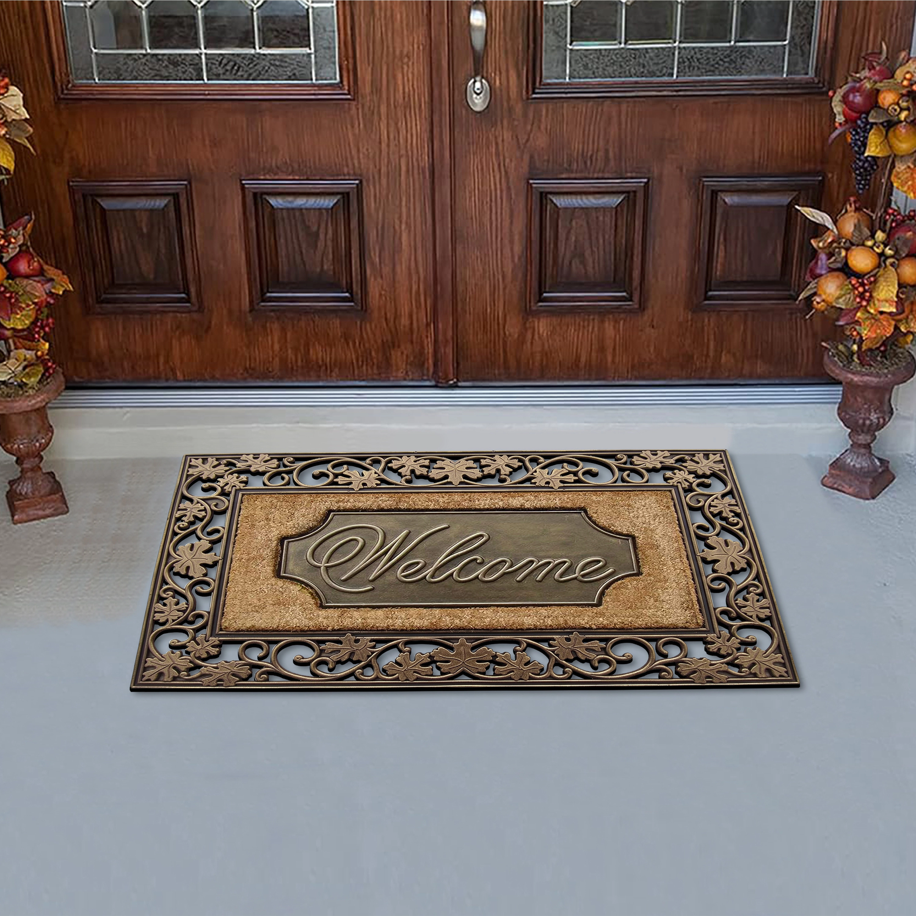 A1HC Coir and Rubber Door Mat 23x38 Inches Anti-Shed Heavy Duty Non-Slip Floral Border