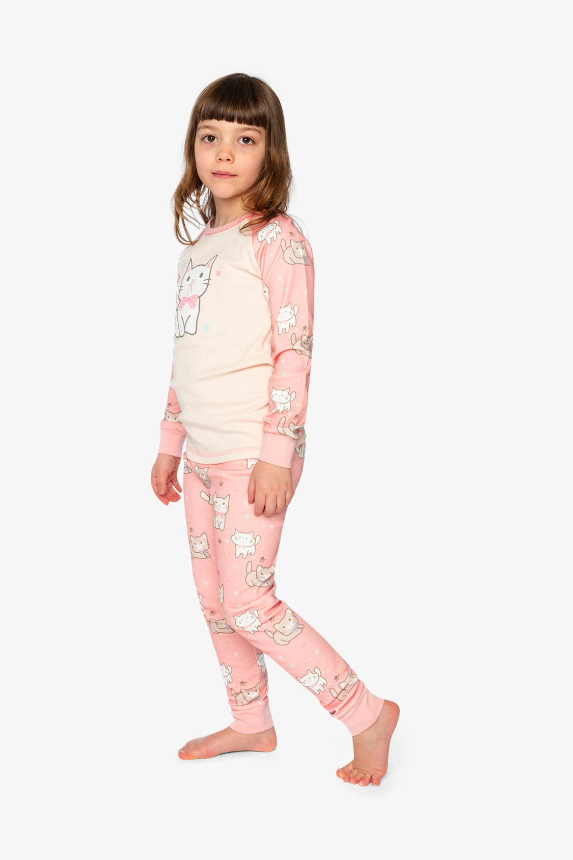 Deux par Girls Organic Cotton Cat Print Two Piece Pajama Set with Raglan Sleeve Top and Pants