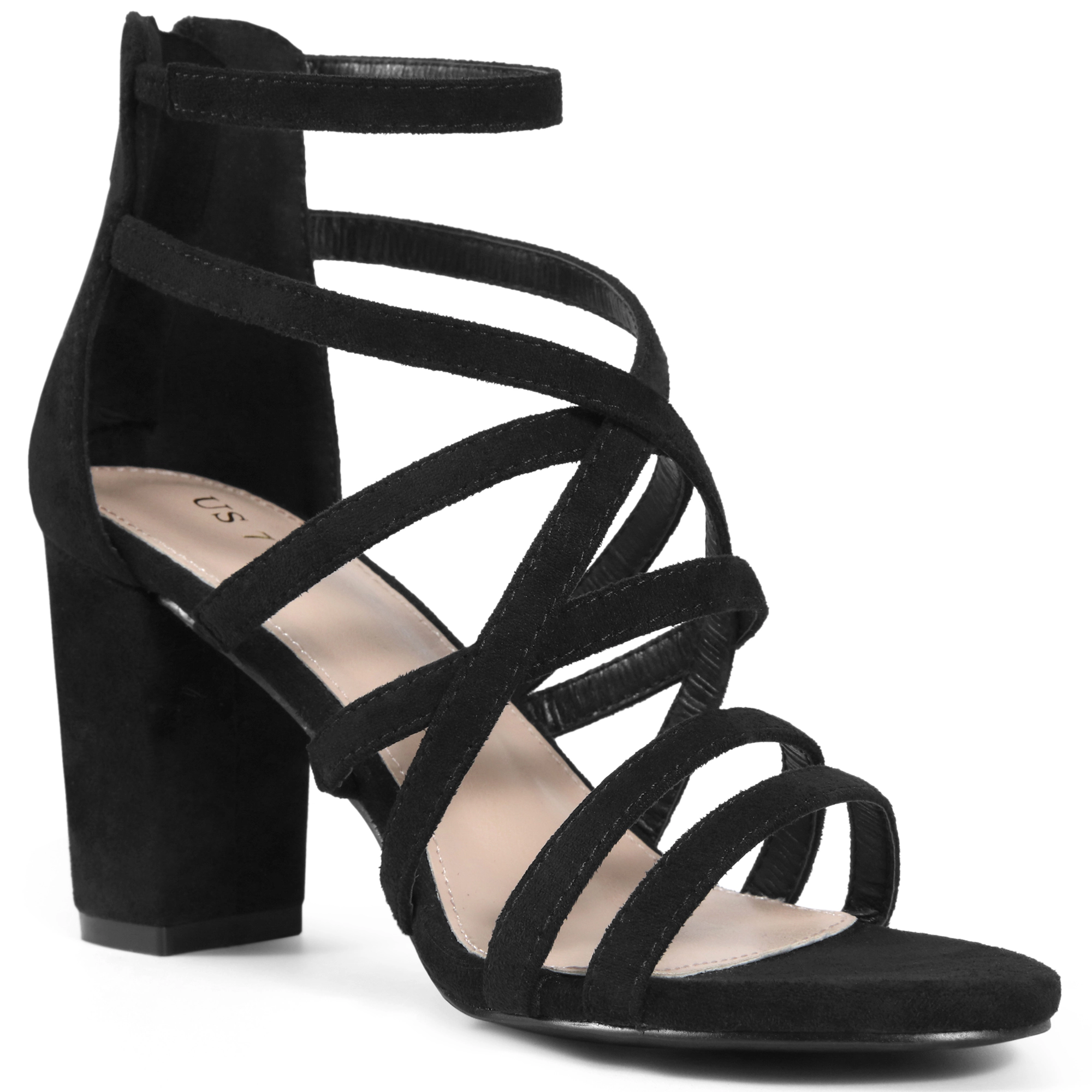 BLISSFUL STEP Women's Strappy Gladiator Chunky Heel Back Zip Sandals