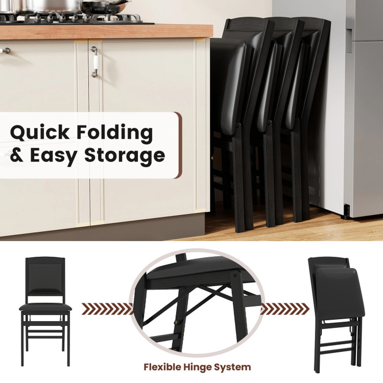 SUGIFT Set of 4 Black PU Leather Padded Folding Dining Chairs, 400-Lb Capacity, High Backrest