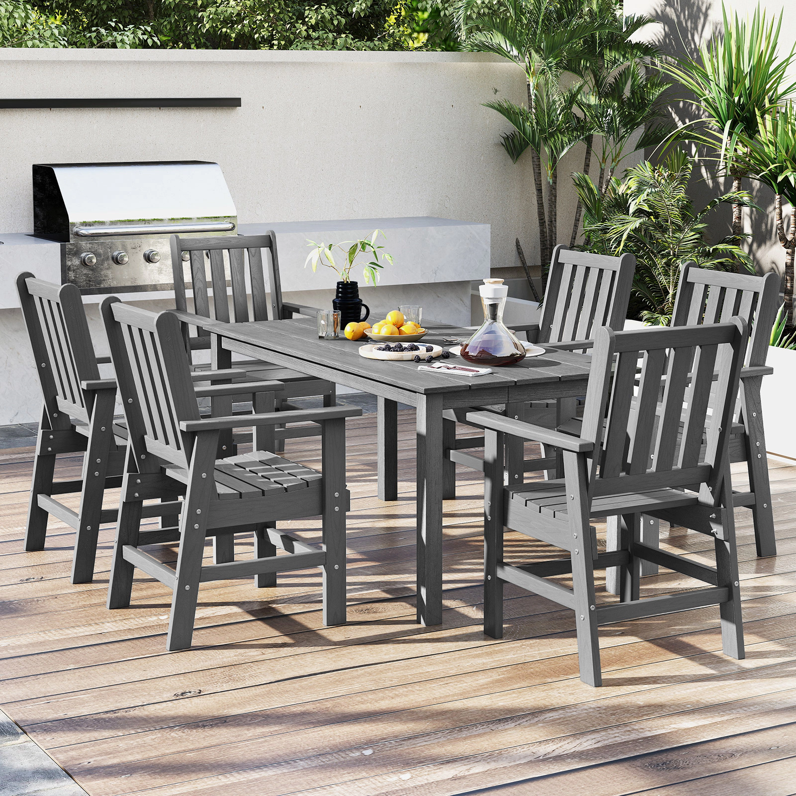 SUGIFT 67-in Gray HDPE Outdoor Dining Table for 6 with Wood Grain Top and Umbrella Hole