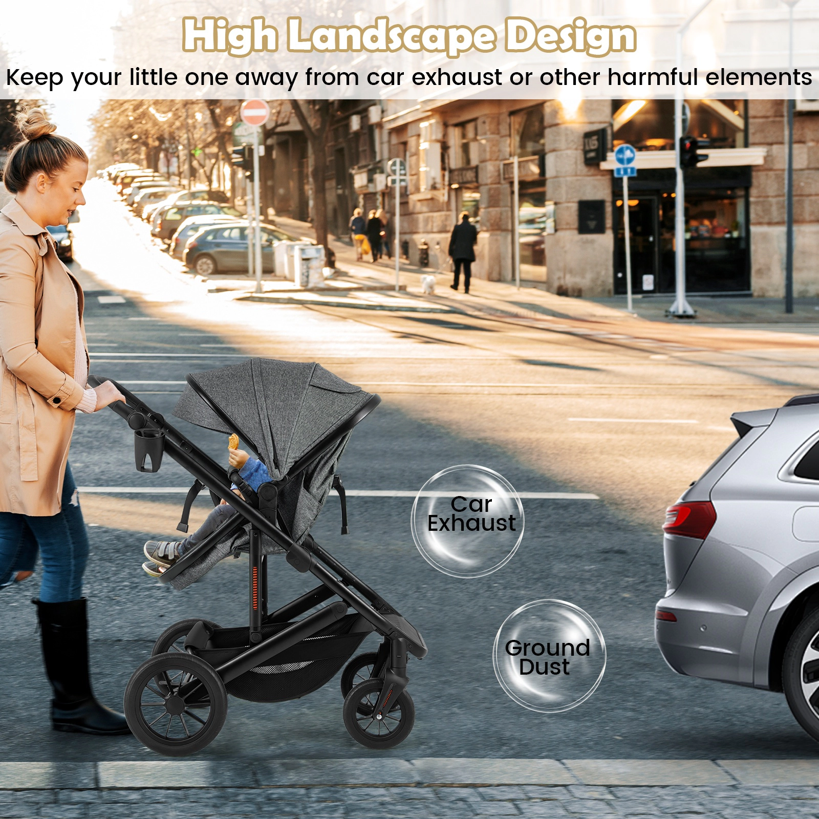 SUGIFT Baby Gray 3-in-1 Folding Stroller with Detachable Bassinet and Diaper Bag 38-in W 48-lb Seat Capacity