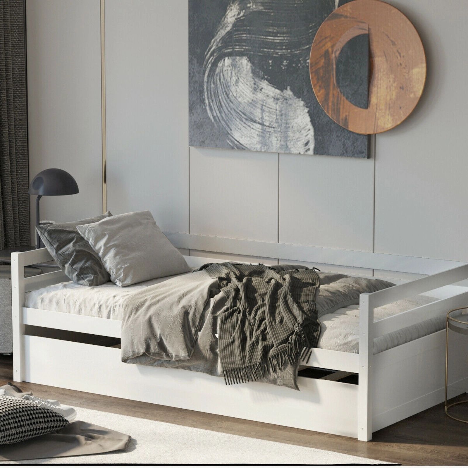 SUGIFT Twin Wood Daybed with Roll-Out Trundle, White Slatted Platform Frame