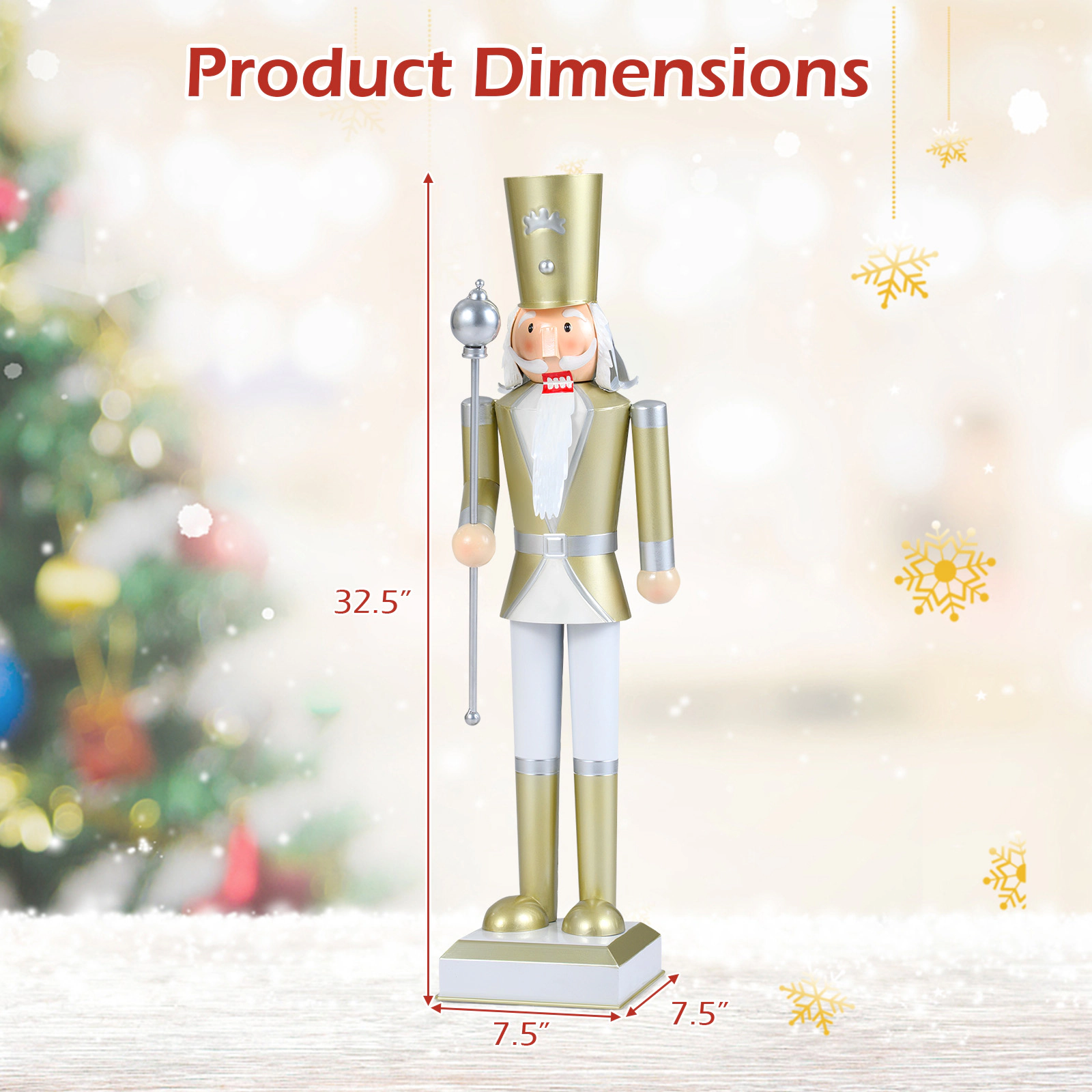 SUGIFT 32.5-in Christmas Nutcracker Figure with High Hat and Scepter White & Golden