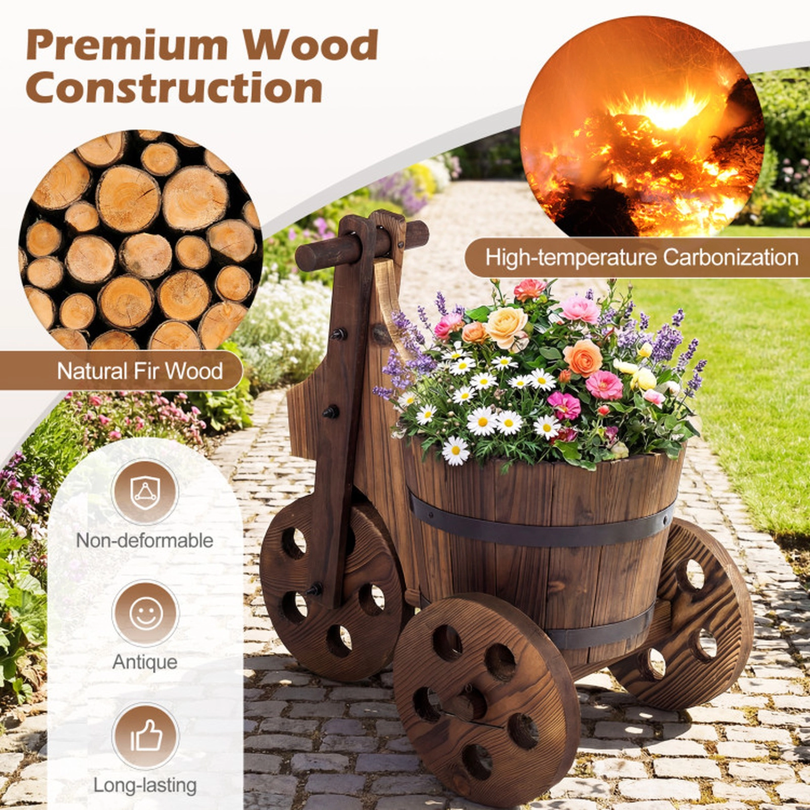 SUGIFT Coffee Wood Tricycle Barrel Planter with Drainage Hole 17.5-in W 12.5-in D 17-in H 11-lb Barrel Capacity