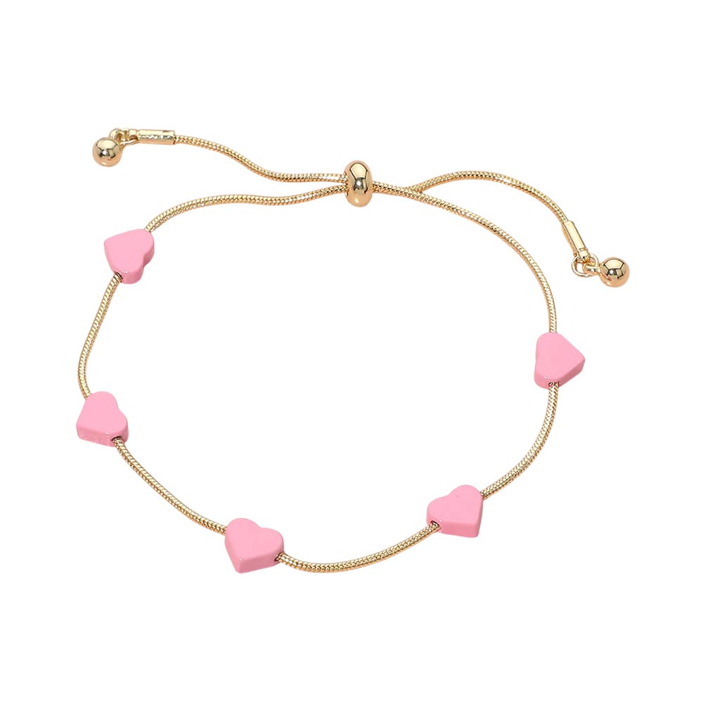 FASHNZFAB Flat Heart Charm Station Adjustable Cinch Pull Tie Bracelet - Gold, Pink