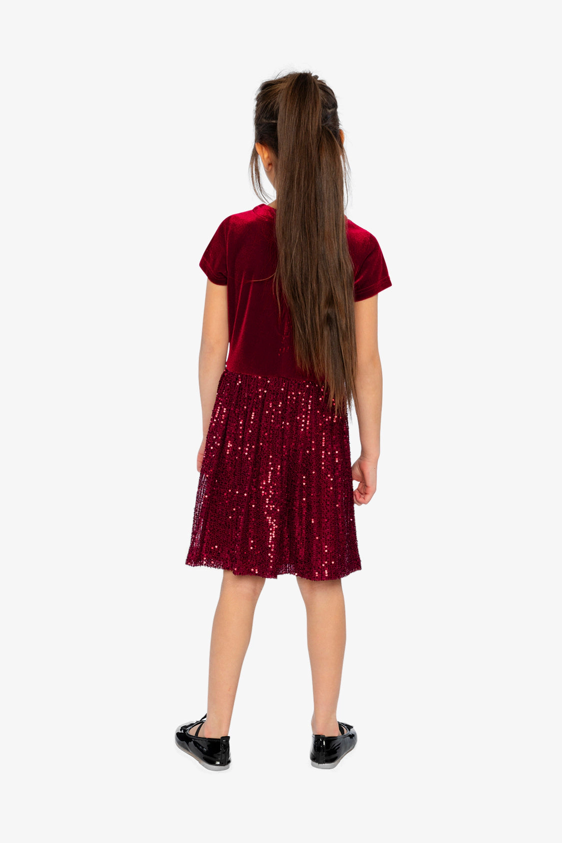 Deux par Deux Girls Bi-Material Short Sleeve Dress with Glittering Skirt