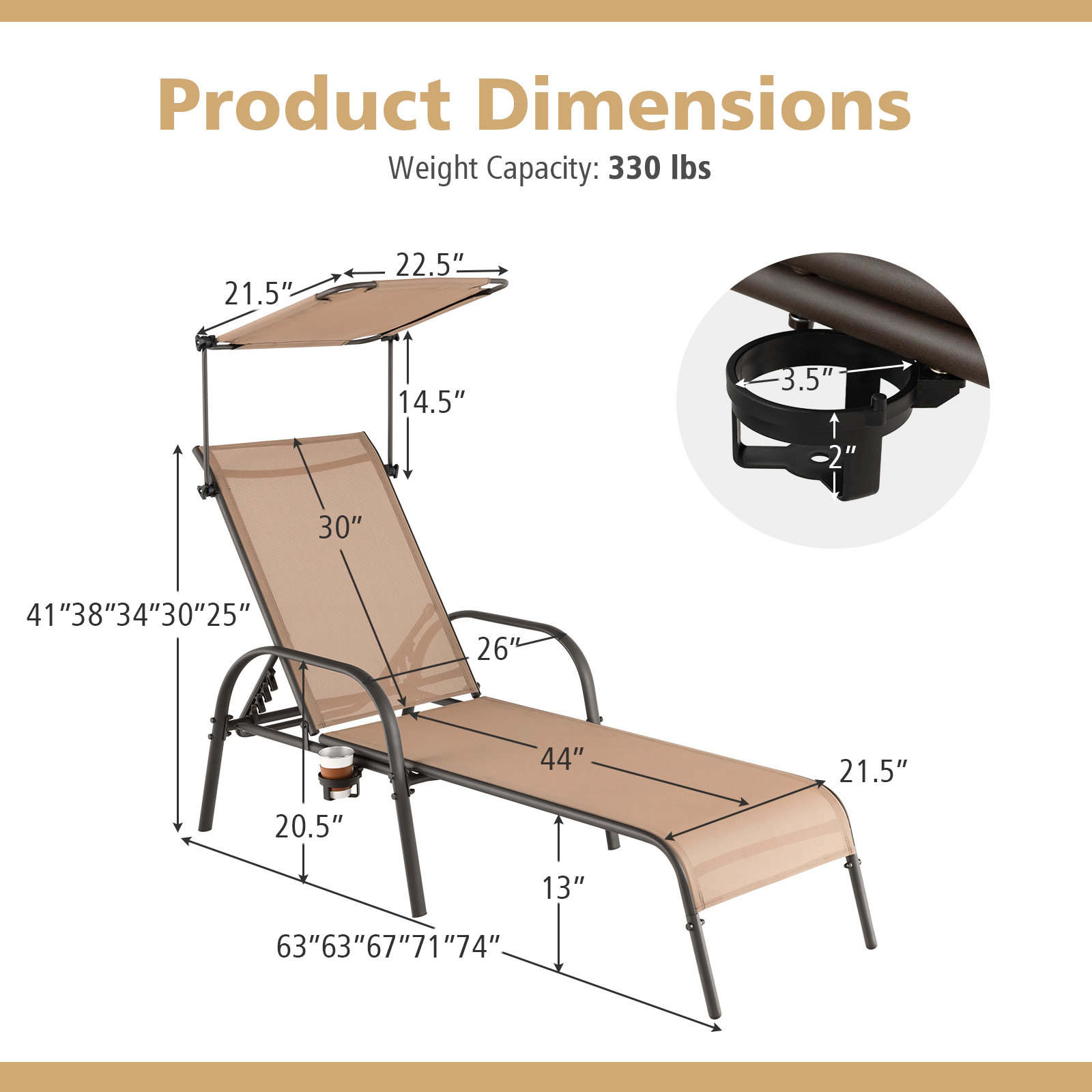 SUGIFT Brown Patio Chaise Lounge with Sunproof Canopy, Rotary Cup Holder, 5-Level Reclining Backrest