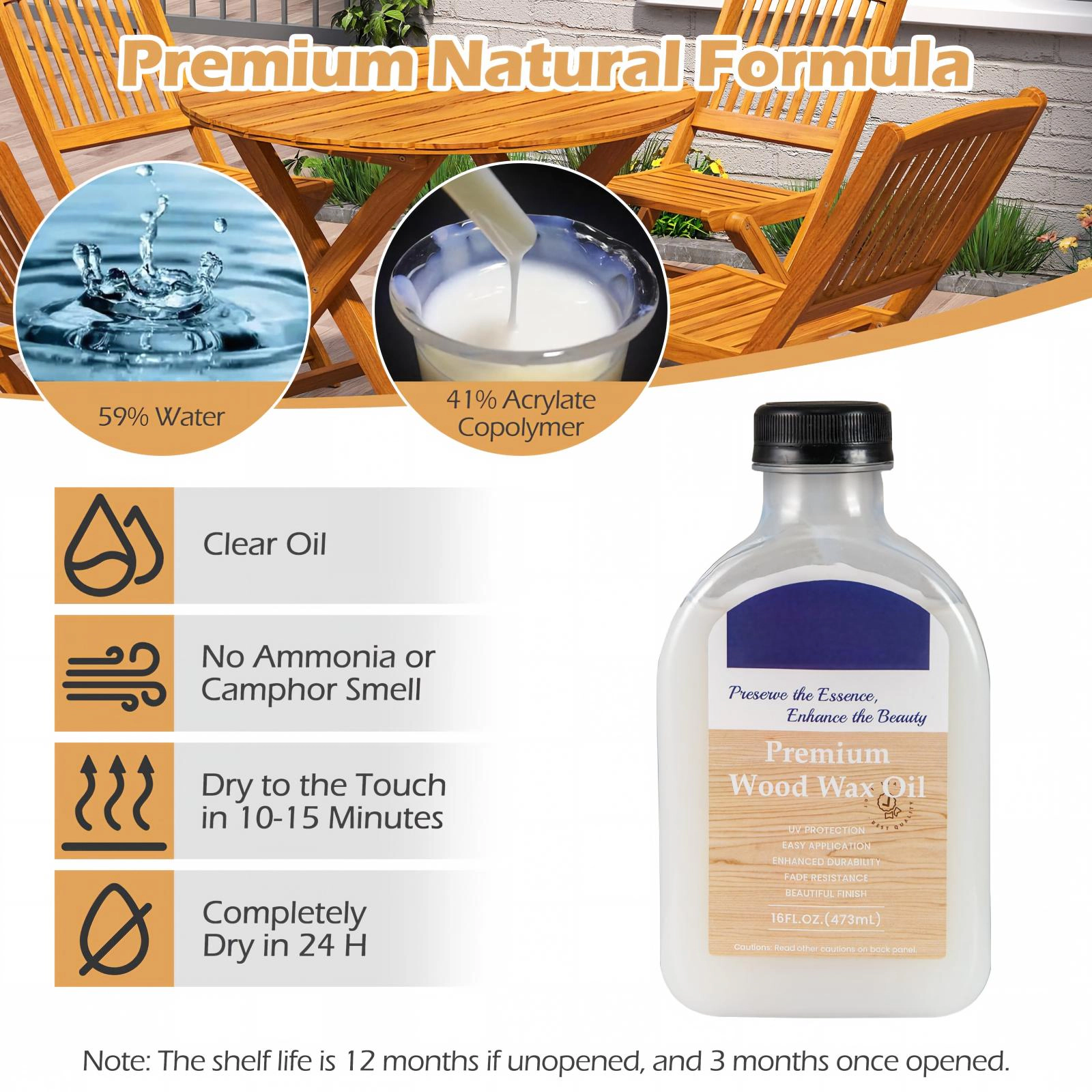 SUGIFT Clear Teak Wood Wax Oil Care Kit with 2 Brushes and Duster Cloth 16-oz Bottle 4-in W 1.5-in D 7-in H
