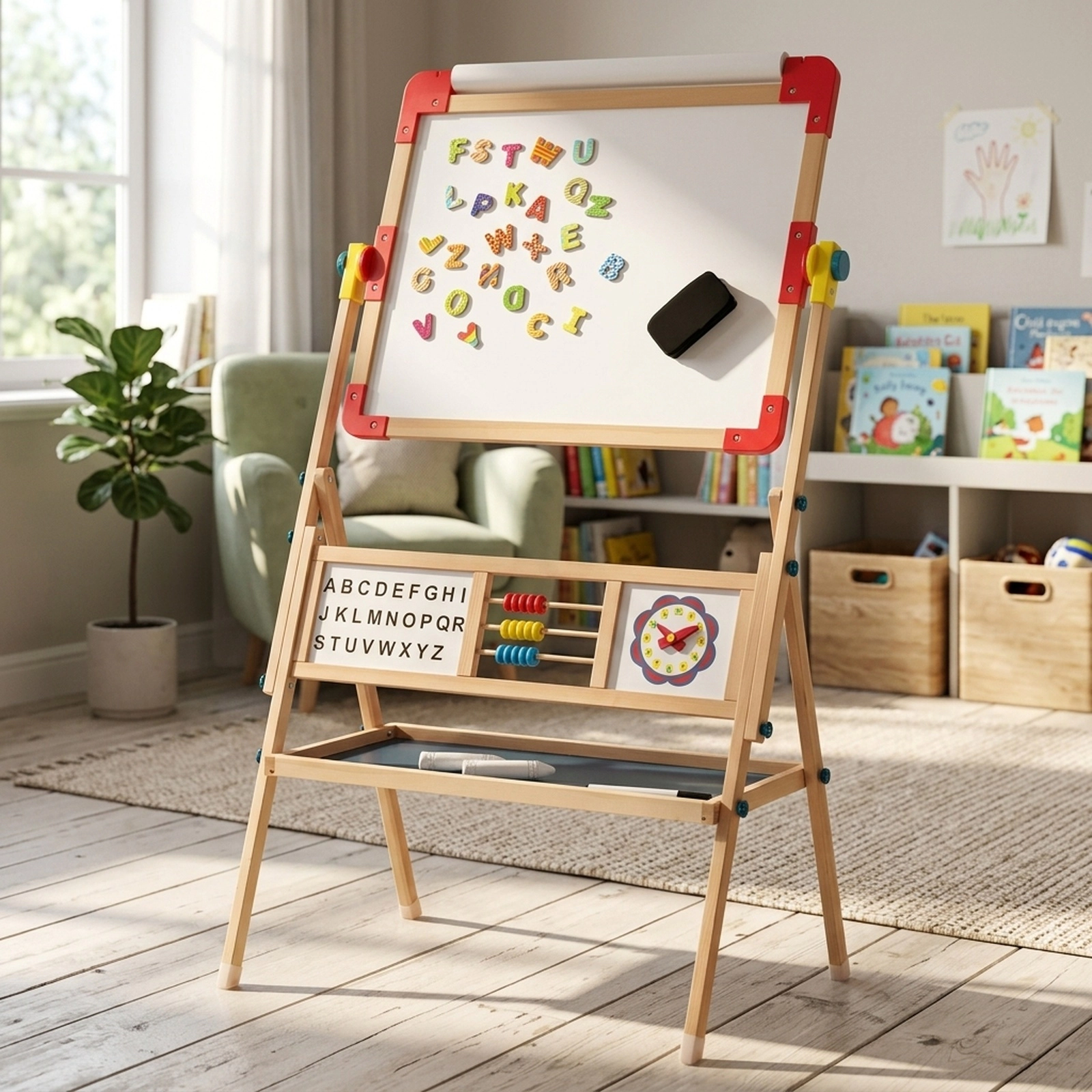 3-in-1 Wooden Art Easel for Kids with Alphabet Abacus Clock Learning Panels Paper Roll and Board Locks Flat as Table
