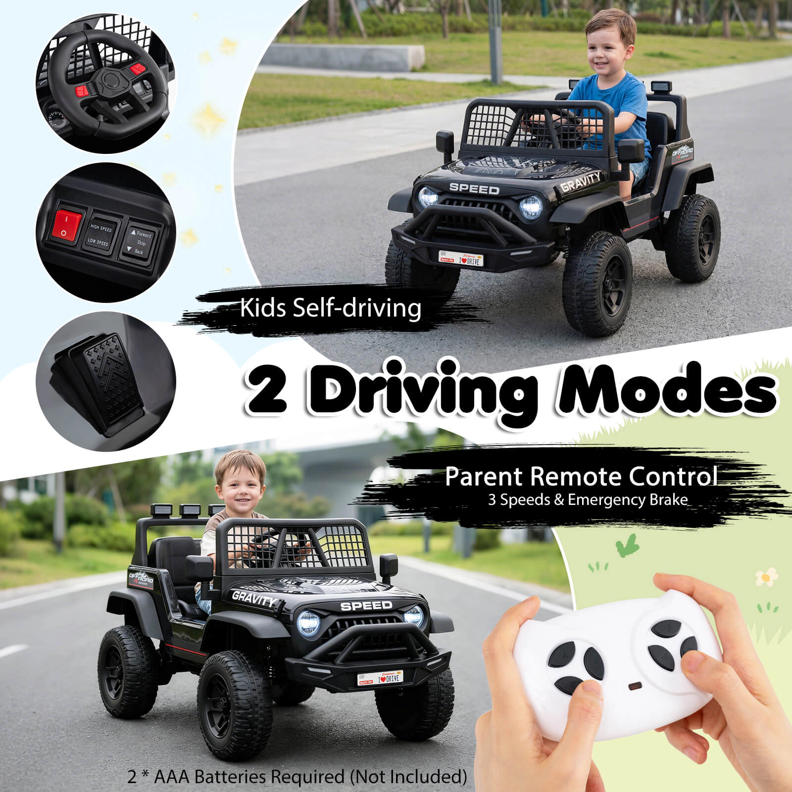 Costway 24V Ride On Car with Remote Control Music LED Headlights Spring Suspension for Kids Black