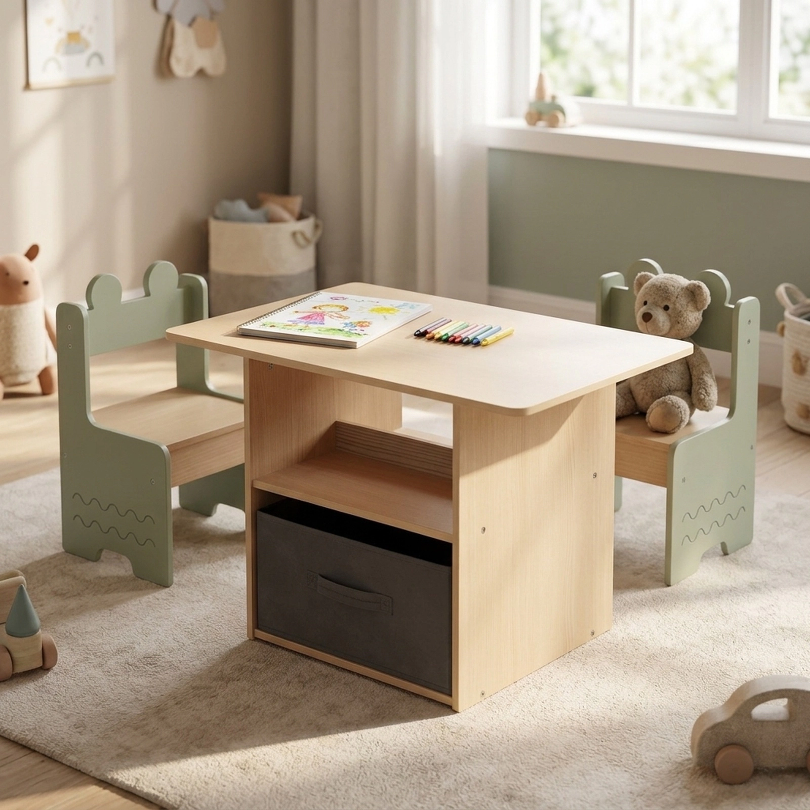 SUGIFT Wooden Kids Table and Chairs Set, 2 Chairs, Storage Compartments and Fabric Drawer, Natural and Green