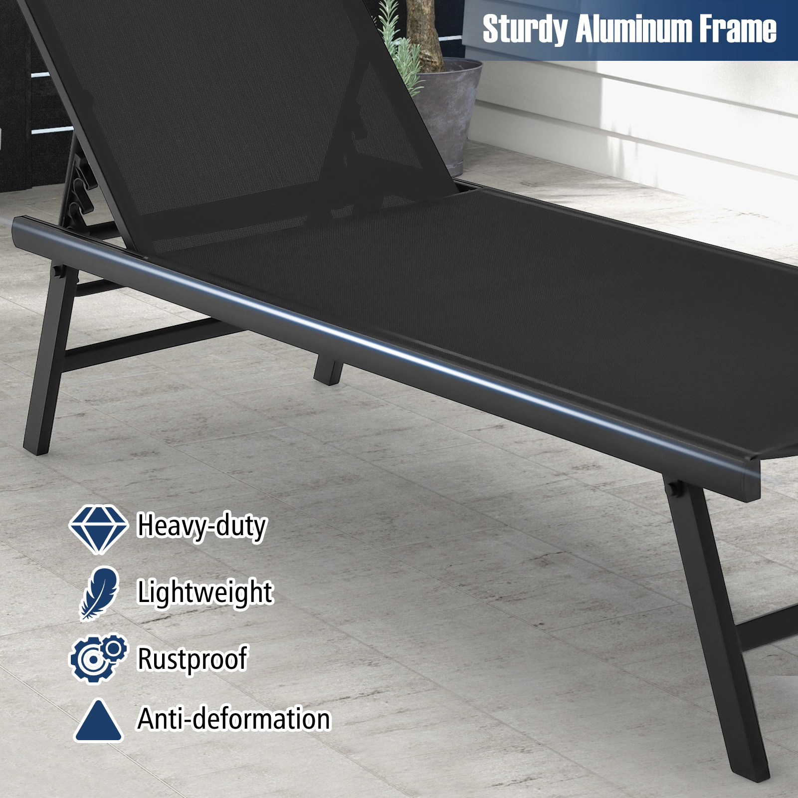 SUGIFT Adjustable Patio Chaise Lounge and Coffee Table Set 330-lb Chair Capacity 66-lb Table Capacity Brown/Navy