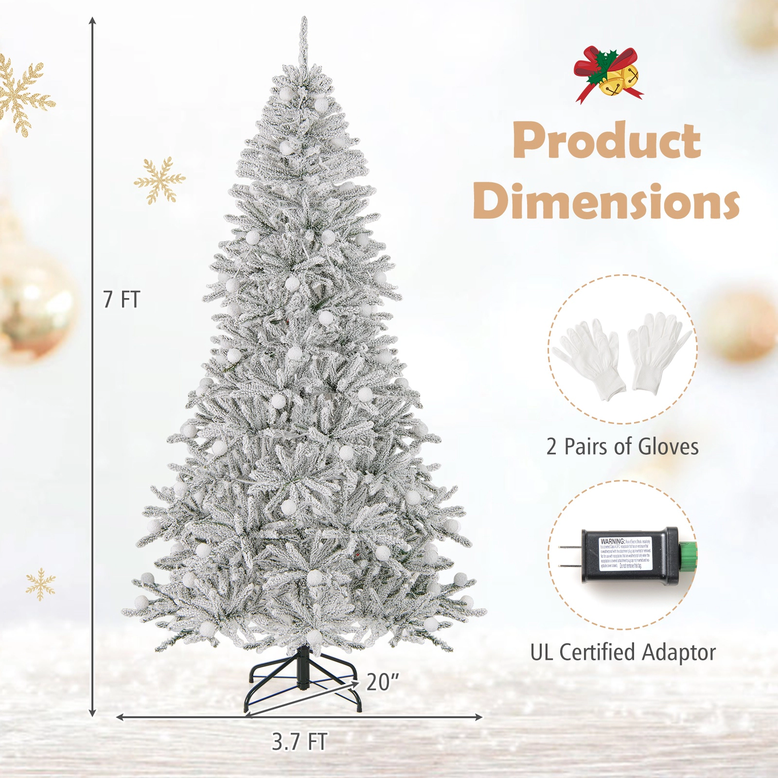 SUGIFT Snow-flocked Pre-lit Hinged Artificial Christmas Tree with 81 Sphere Lights 7 Feet Green & White