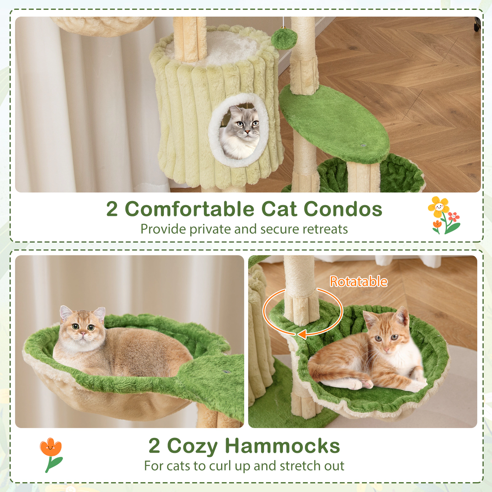 Glintex 63-Inch Striped Cat Tower with 2 Condos 2 Hammocks and Crown Perch, Green