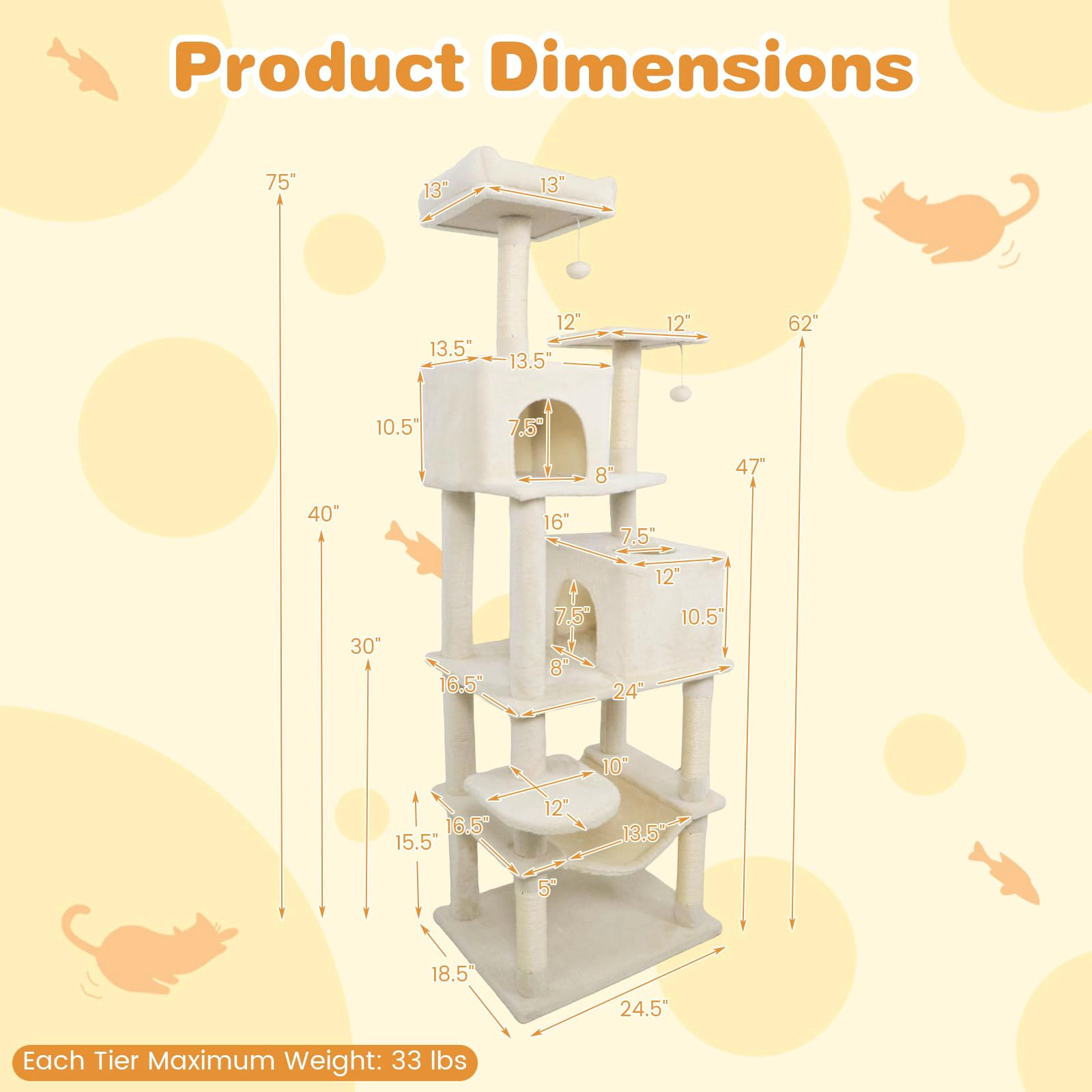 Glintex 58-Inch Cat Tower with 2 Wide-Entrance Condos Basket and Hammock