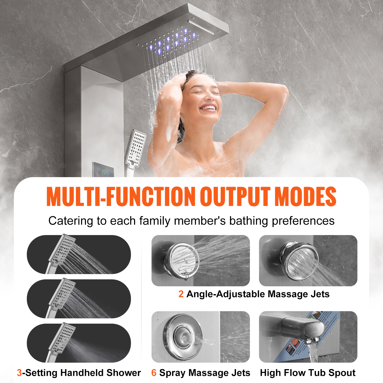 HONGGE 6-Mode LED Shower Tower Panel, Rainfall, Waterfall & 8 Massage Jets