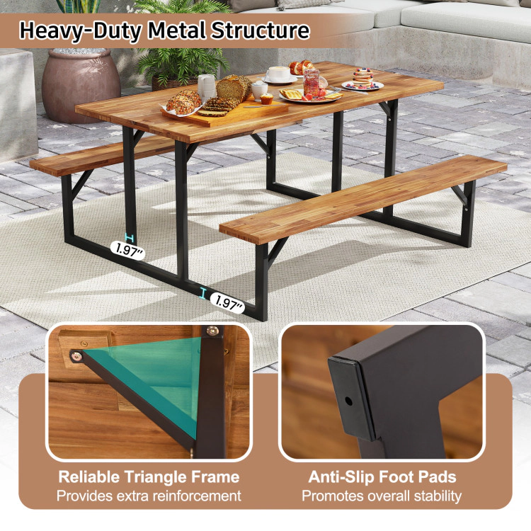 Hivvago 6-Person Acacia Wood Outdoor Picnic Table Set With 2 Built-In Benches