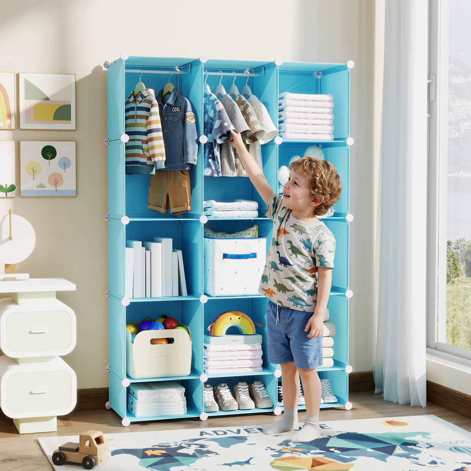 Hivvago Modular Baby Wardrobe with 13 Cubes and Hanging Rod Shelves Stackable