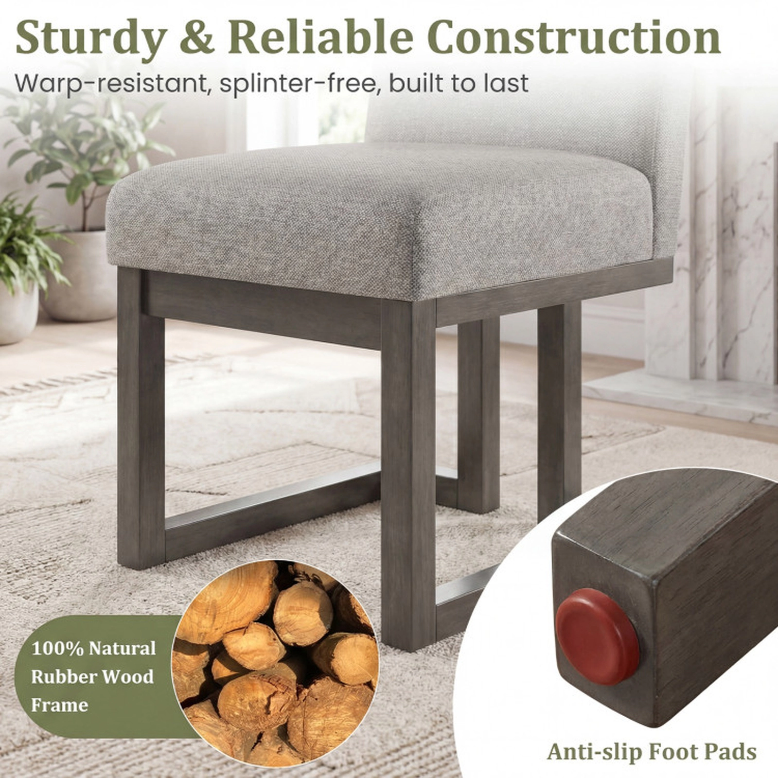 SUGIFT Set of 2 Gray Farmhouse Fabric Dining Chairs, 5.5-in Padded Seat