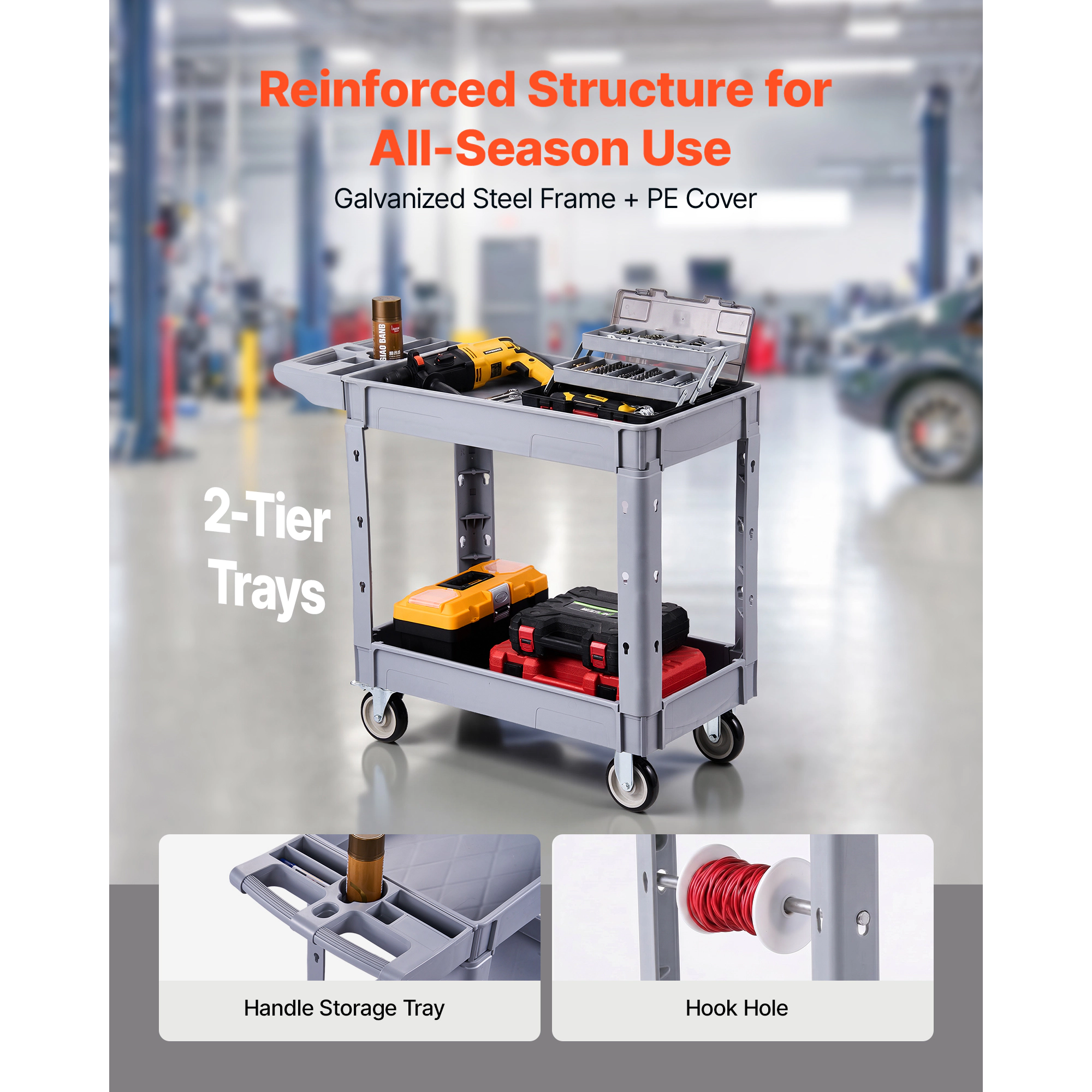 HONGGE Utility Cart 550 lbs Capacity 2 Tier Service Cart with 360° Swivel & Fixed Wheels 2 with Brakes Heavy Duty
