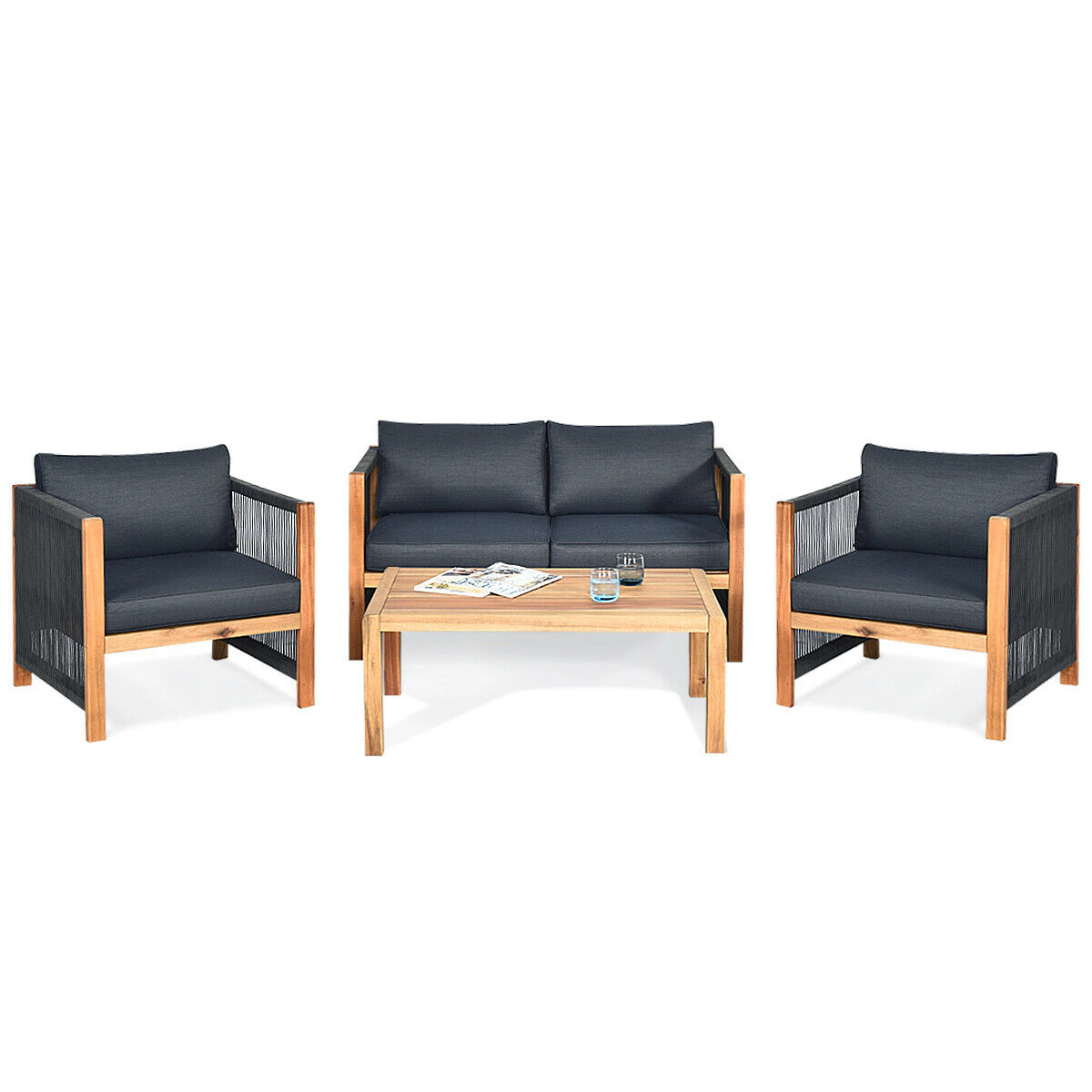 LJG 4 Pieces Acacia Wood Outdoor Patio Furniture Set with Cushions