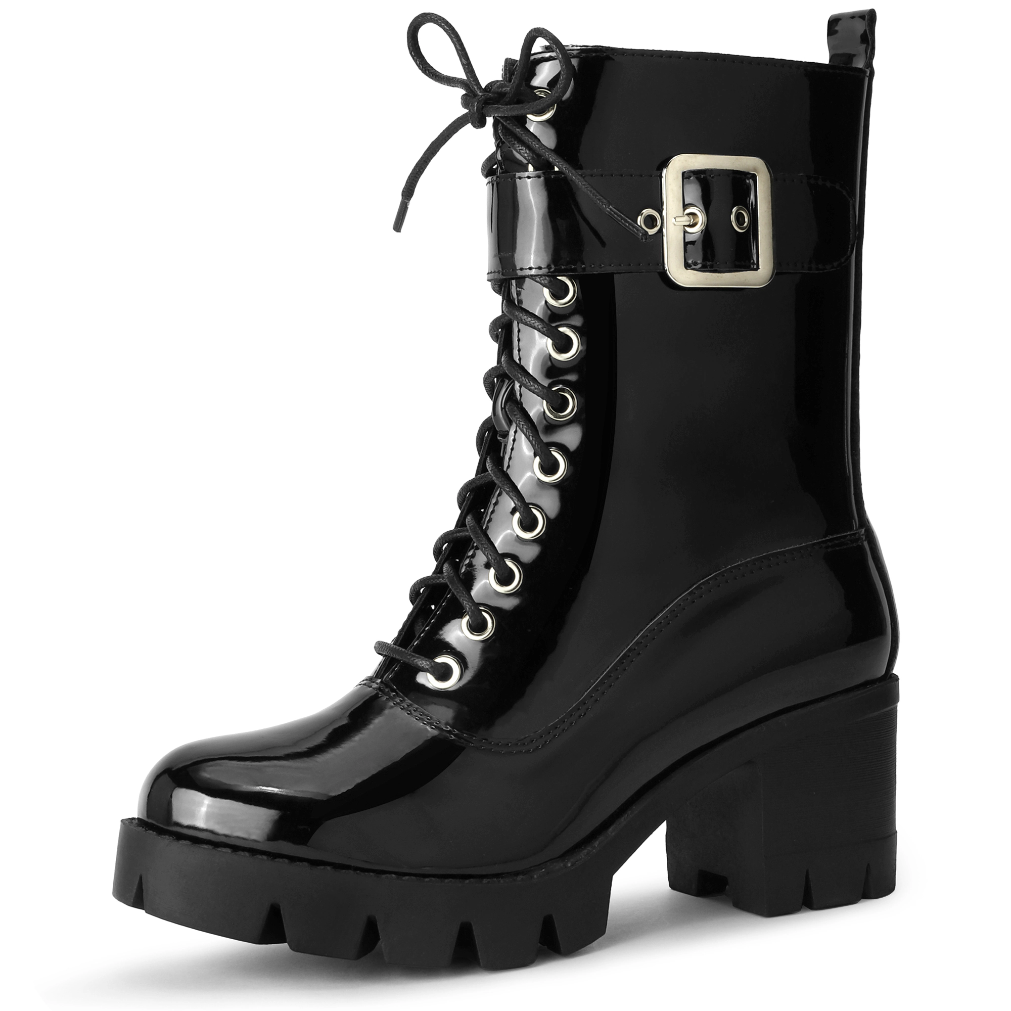 BLISSFUL STEP Women's Platform Lace Up Round Toe Chunky Heel Combat Boots
