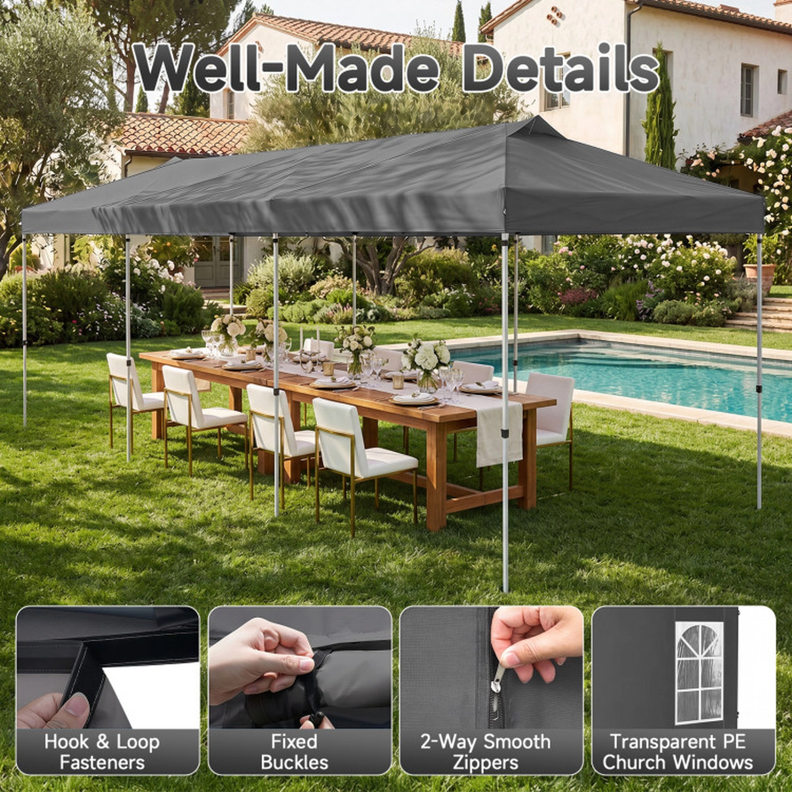 SUGIFT 10 x 30FT Pop Up Outdoor Canopy Gazebo Tent with 8 Sidewalls and Adjustable Height Black