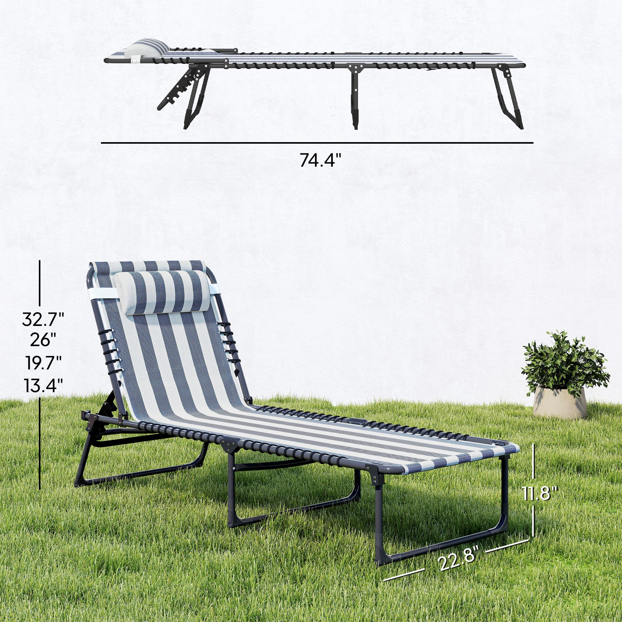 HONGGE 2 Folding Chaise Lounge Pool Chairs with 4-Position Reclining Back, Pillow, Breathable Mesh & Bungee Seat