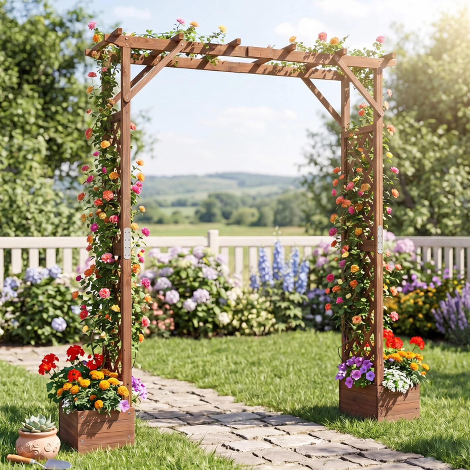 SUGIFT Orange Wooden Garden Arbor with 2 Planter Boxes and Top Roof 82-in W 22-in D 87-in H 44-lb Per Planter Box