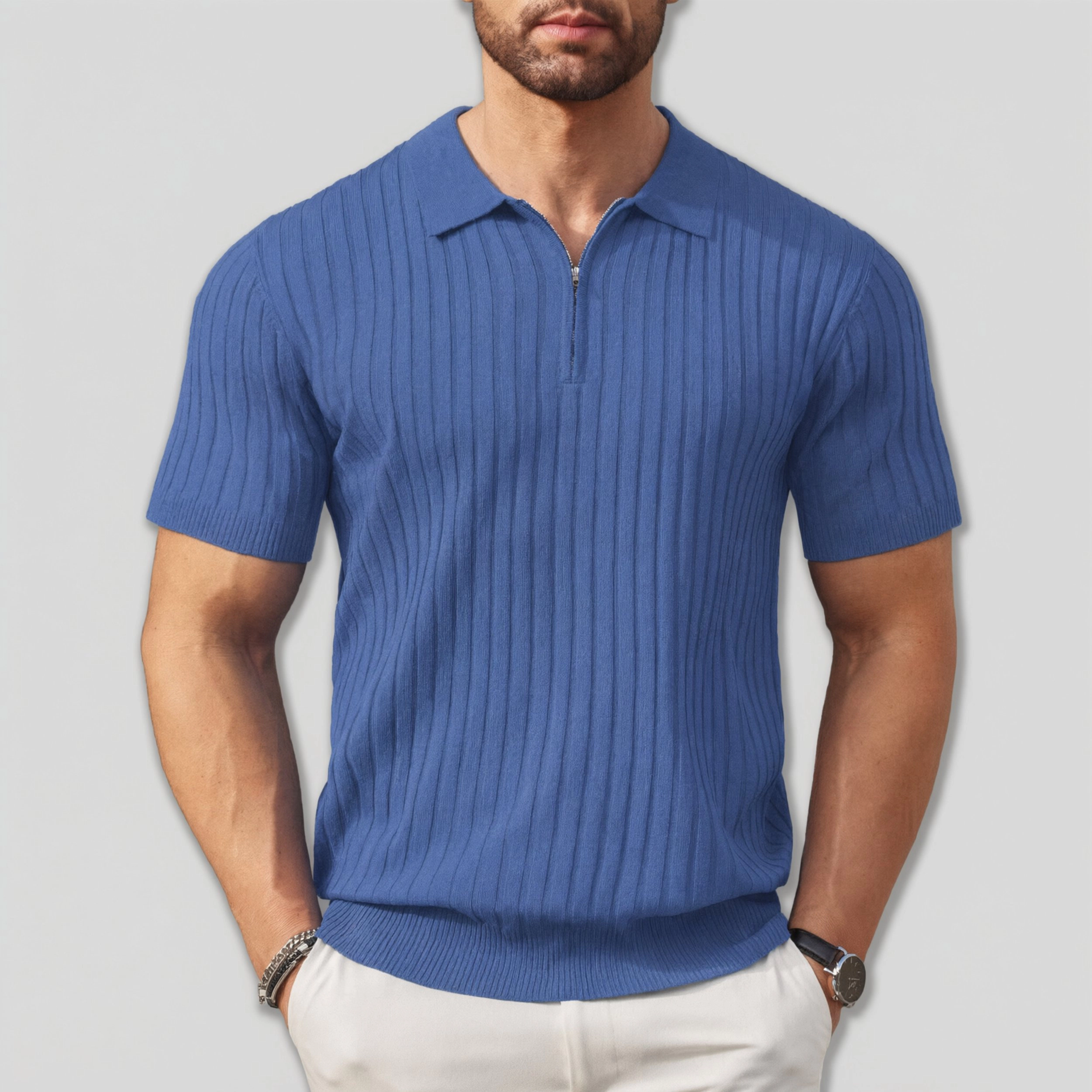 COOFANDY Ribbed Short Sleeve Polo Shirts Summer Quarter Zip Collar Casual Tops