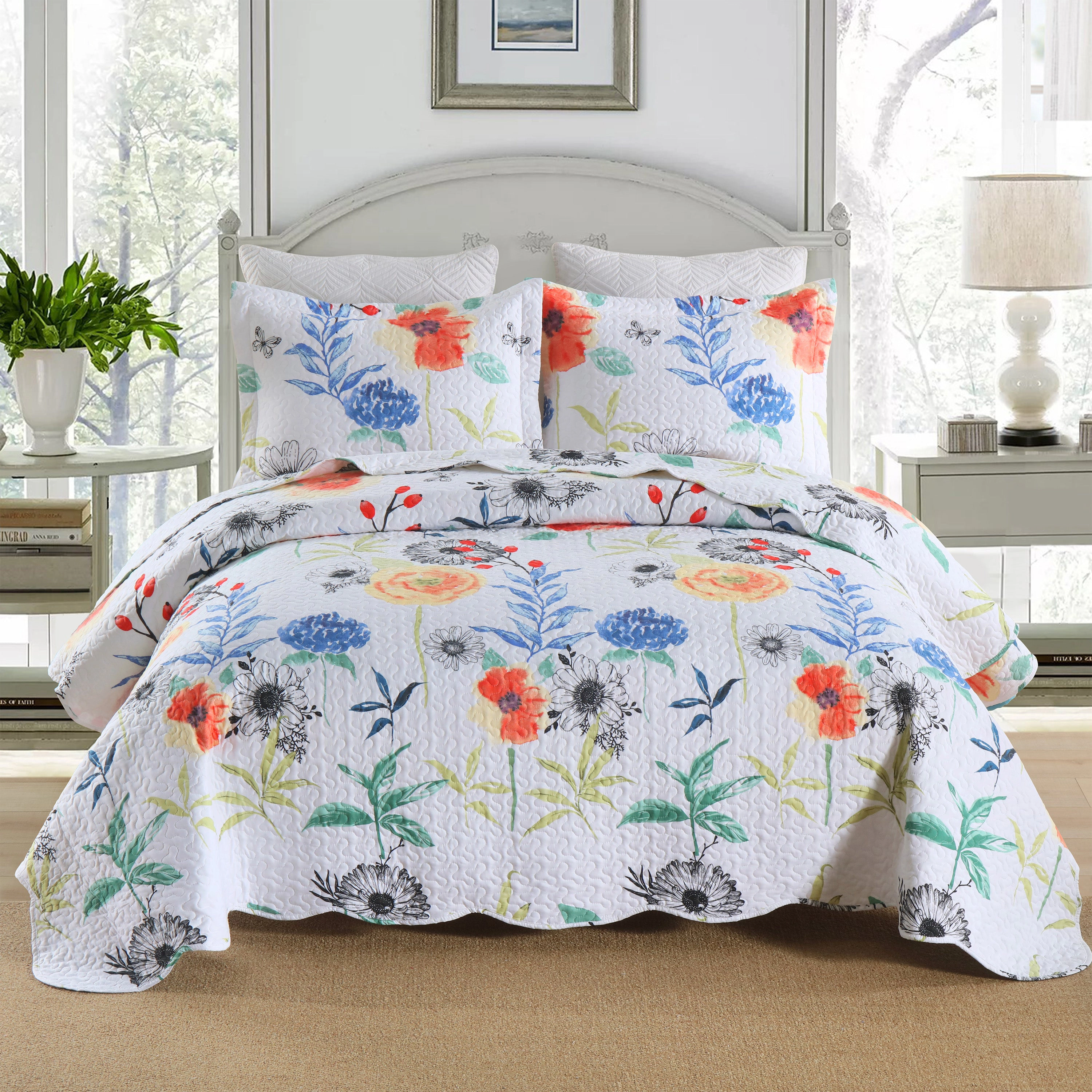 MarCielo 3 Piece Printed Floral Lightweight Quilt Bedspread Set