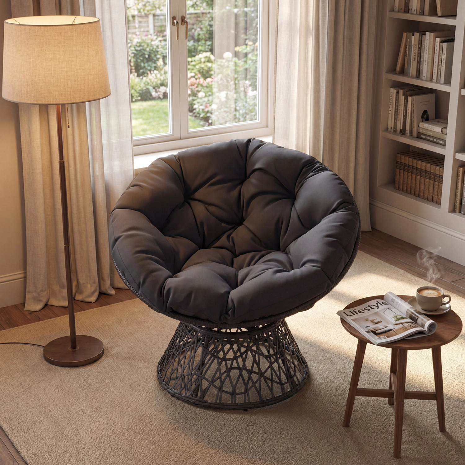 LJG Swivel Papasan Chair Round Wicker Lounge with Thick Cushion