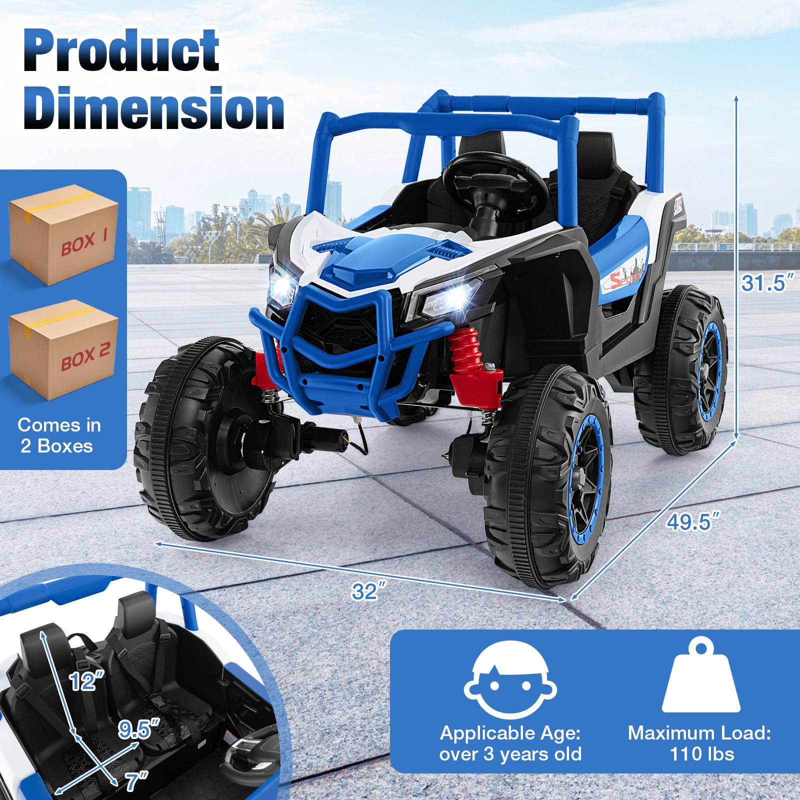 24V 2-Seater Kids Ride On UTV 3-Point Safety Belts Lockable Doors 2.4G Parent Remote Spring Suspension Ages 3+ Navy