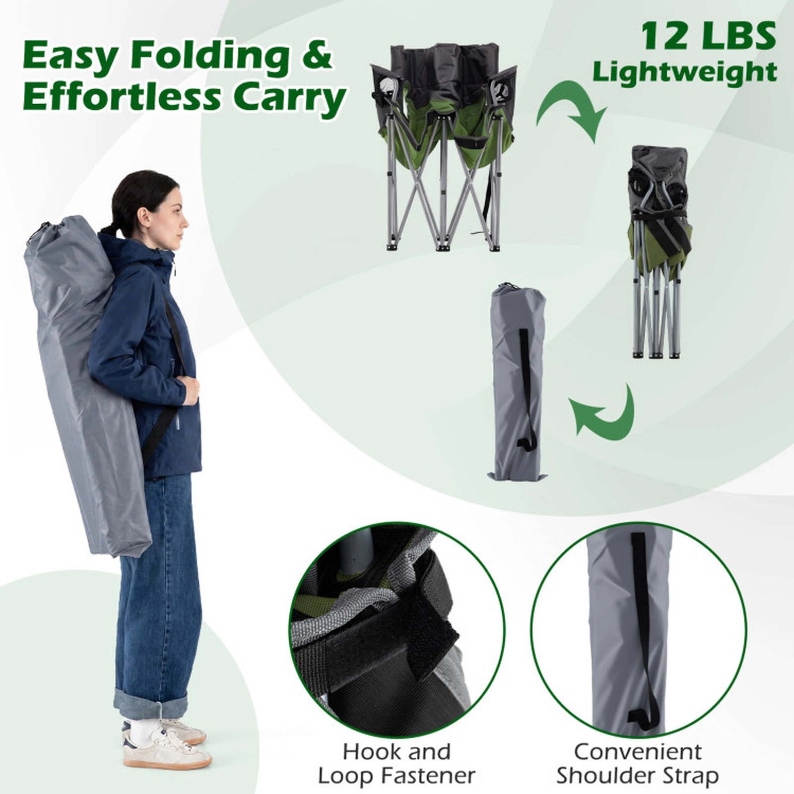 SUGIFT Folding Double Camping Chair with X-Shaped Metal Frame 660-lb Capacity Green with Carry Bag and Cup Holders