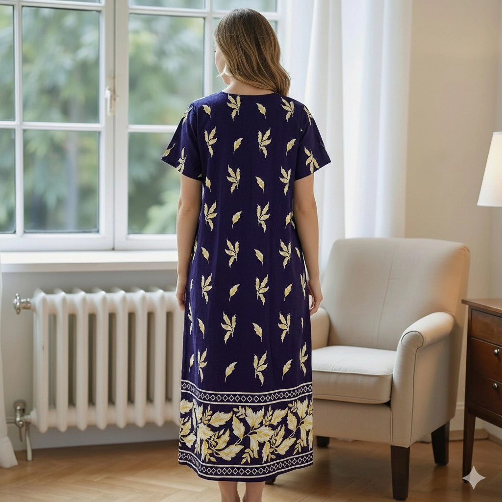 Loungees Border Print Cotton Lounge Dress House Caftan Sweetheart Neck Yoke Short Sleeve