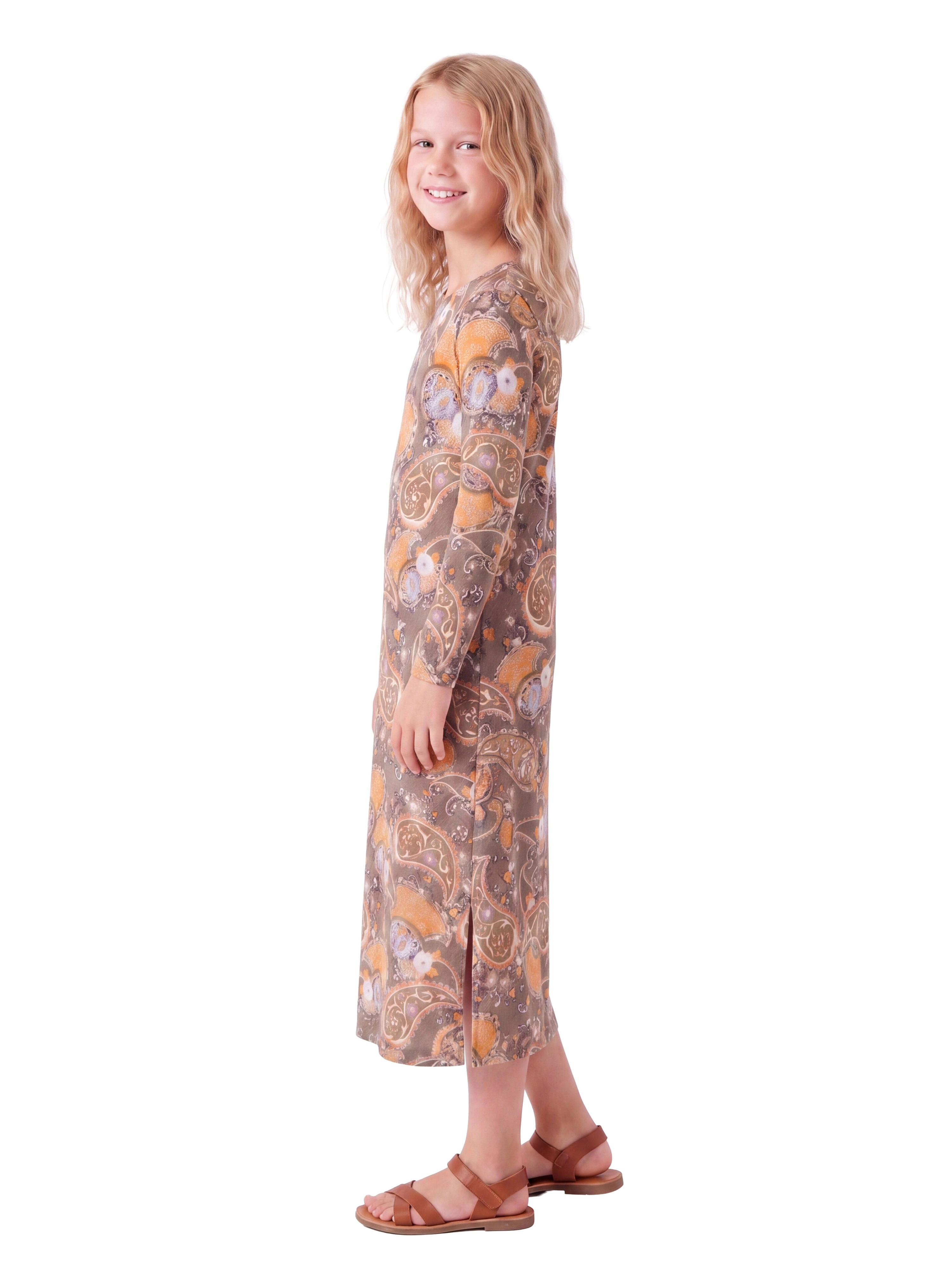 24sevenKid Essential Brown Fall Print Girls Long Sleeve Side Slit Maxi Dress