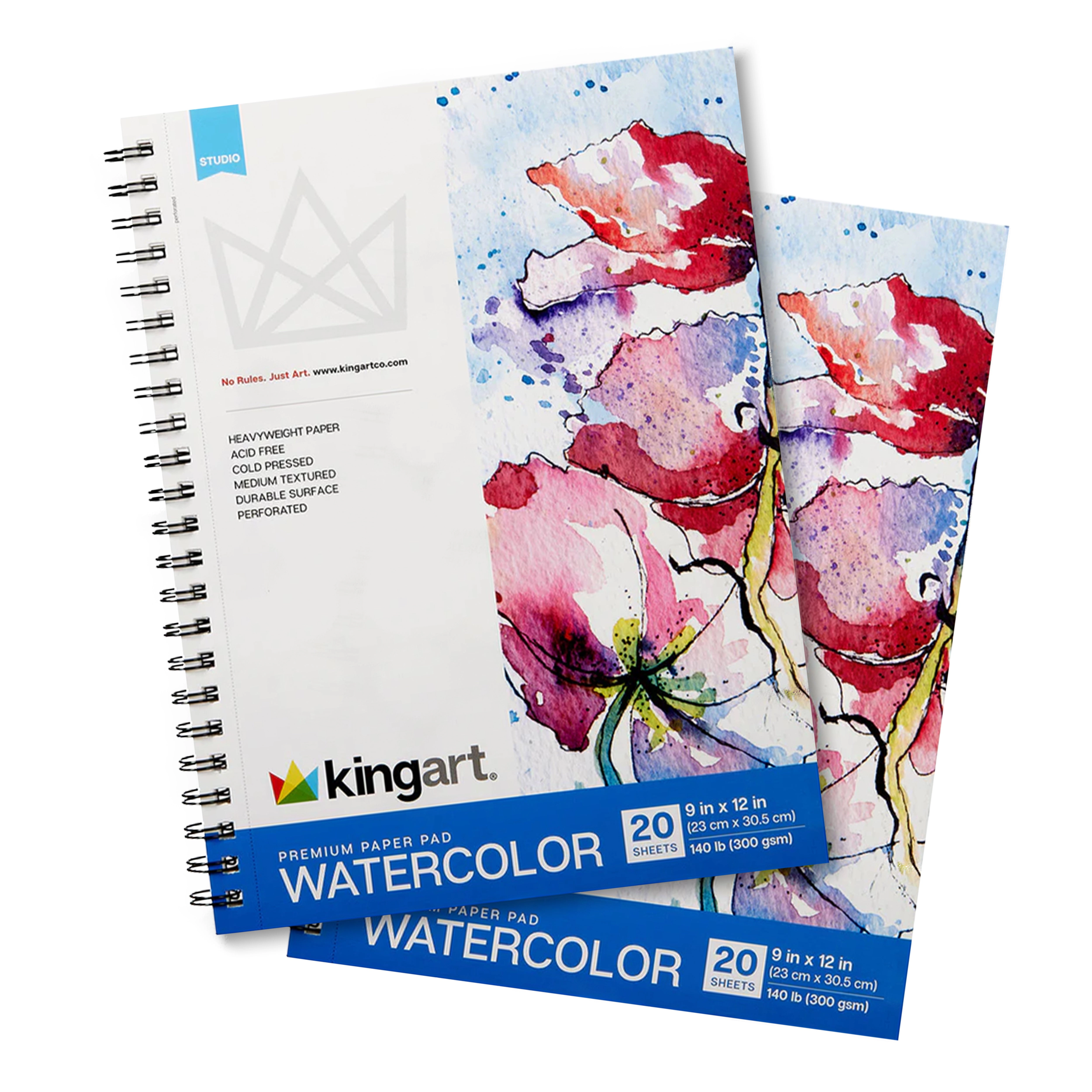 KINGART Watercolor Paper Pad 9" x 12" - 2 Pack, 20 Sheets Each