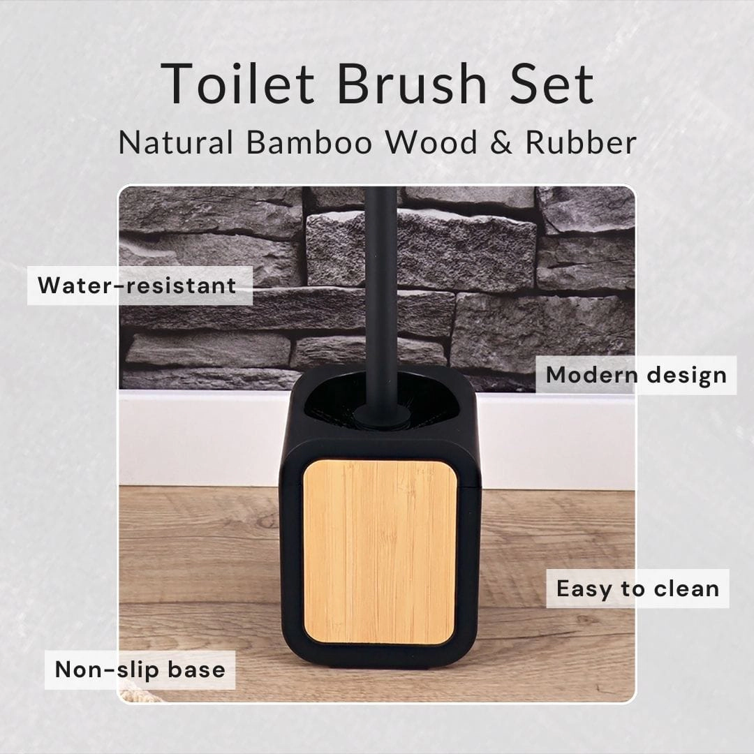 Evideco French Home Goods Urban Bathroom Brush and Holder Set - Rubber with Wood Inlay
