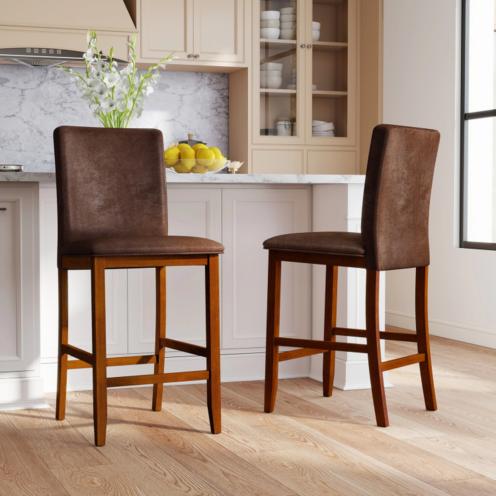 SUGIFT Soft Upholstered Counter Barstools with Rubberwood Legs 330-lb Capacity 26-in Seat Height Walnut + Brown Set of 2
