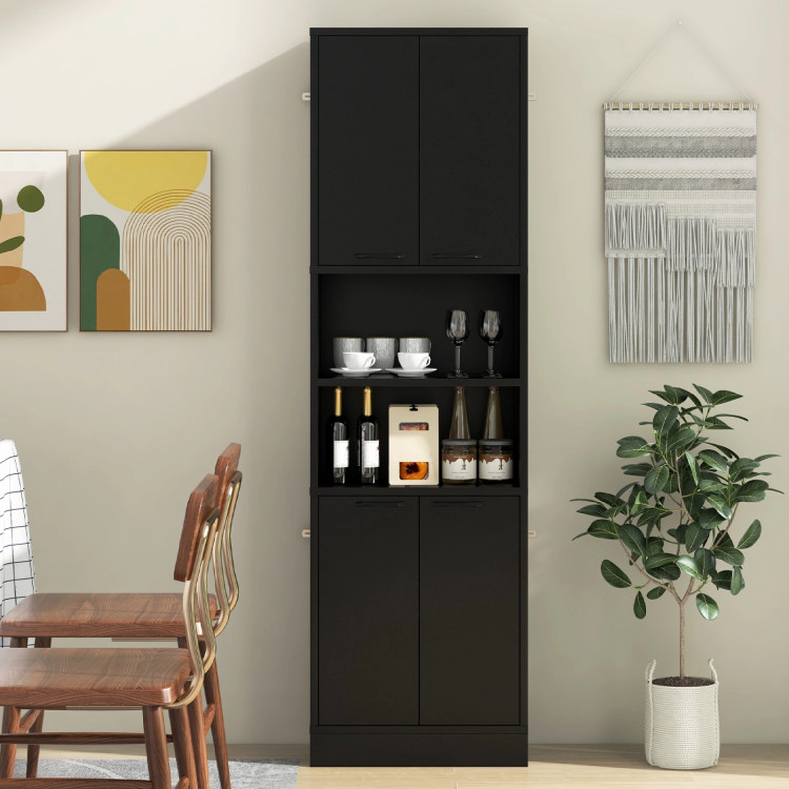 SUGIFT 75-in Slim Engineered Wood 4 Doors 2 Open Shelves Kitchen Pantry Cupboard 22-in x 12-in 300-lb Capacity Black