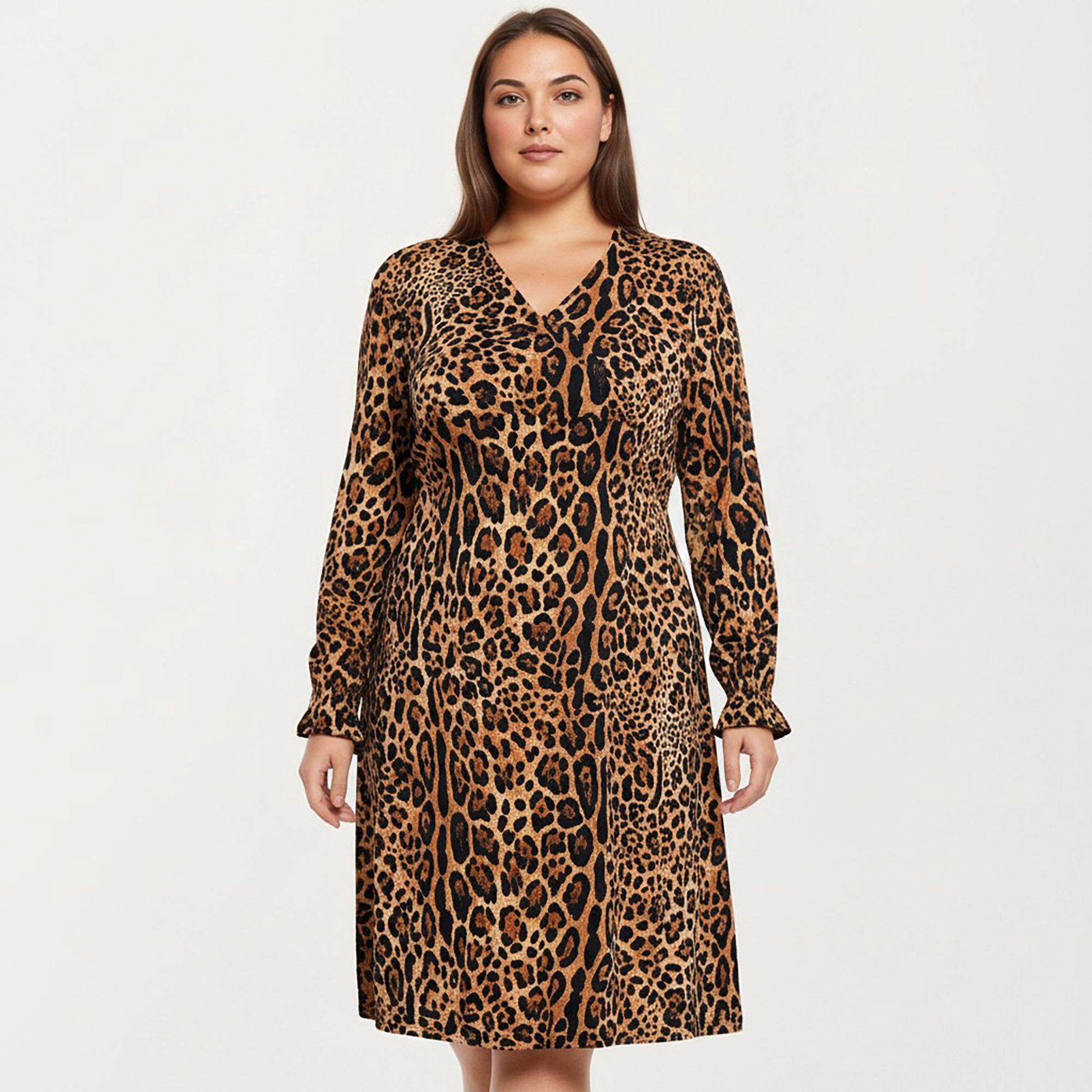 Anna-Kaci Women's Plus Leopard Print Long Sleeve V Neck Flattering Straight Silhouette Knit Dress