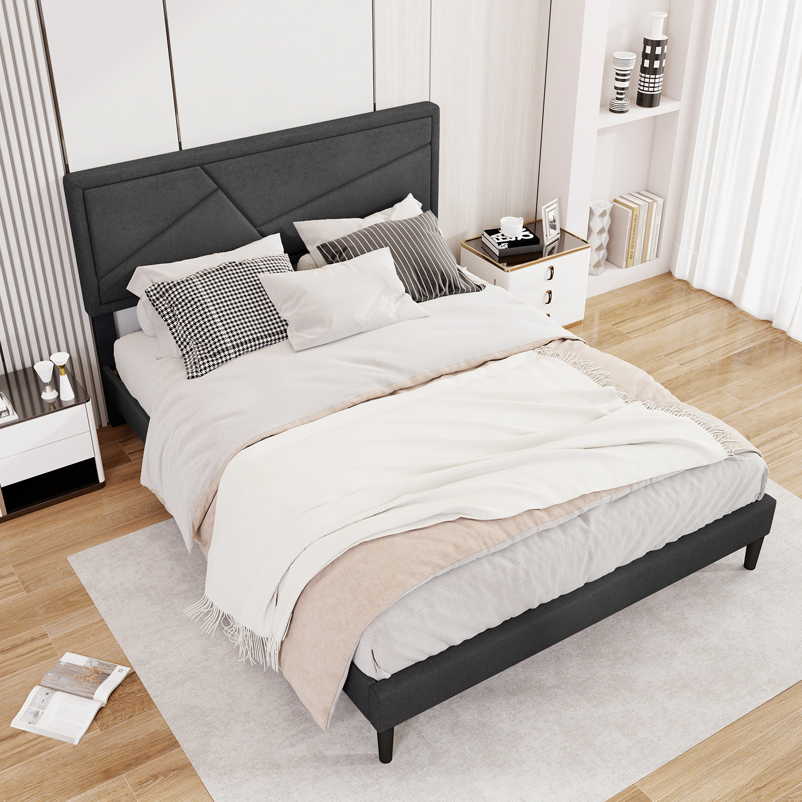 SUGIFT Queen Upholstered Platform Bed with Tall Headboard, Gray