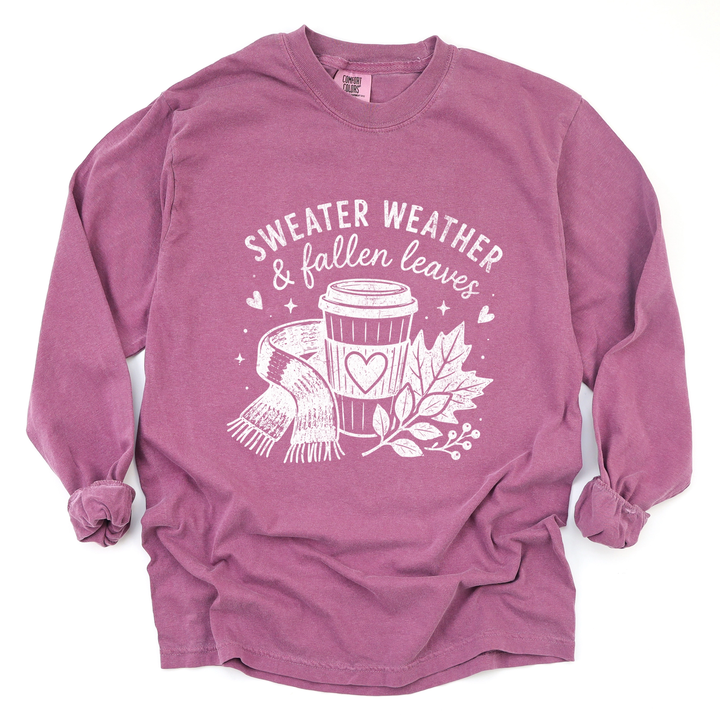 Simply Sage Market - Women's Garment Dyed Long Sleeve Graphic T-Shirt Sweater Weather and Fallen Leaves