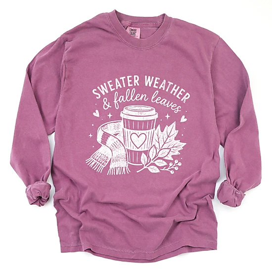 Simply Sage Market - Women's Garment Dyed Long Sleeve Graphic T-Shirt - Sweater Weather and Fallen Leaves