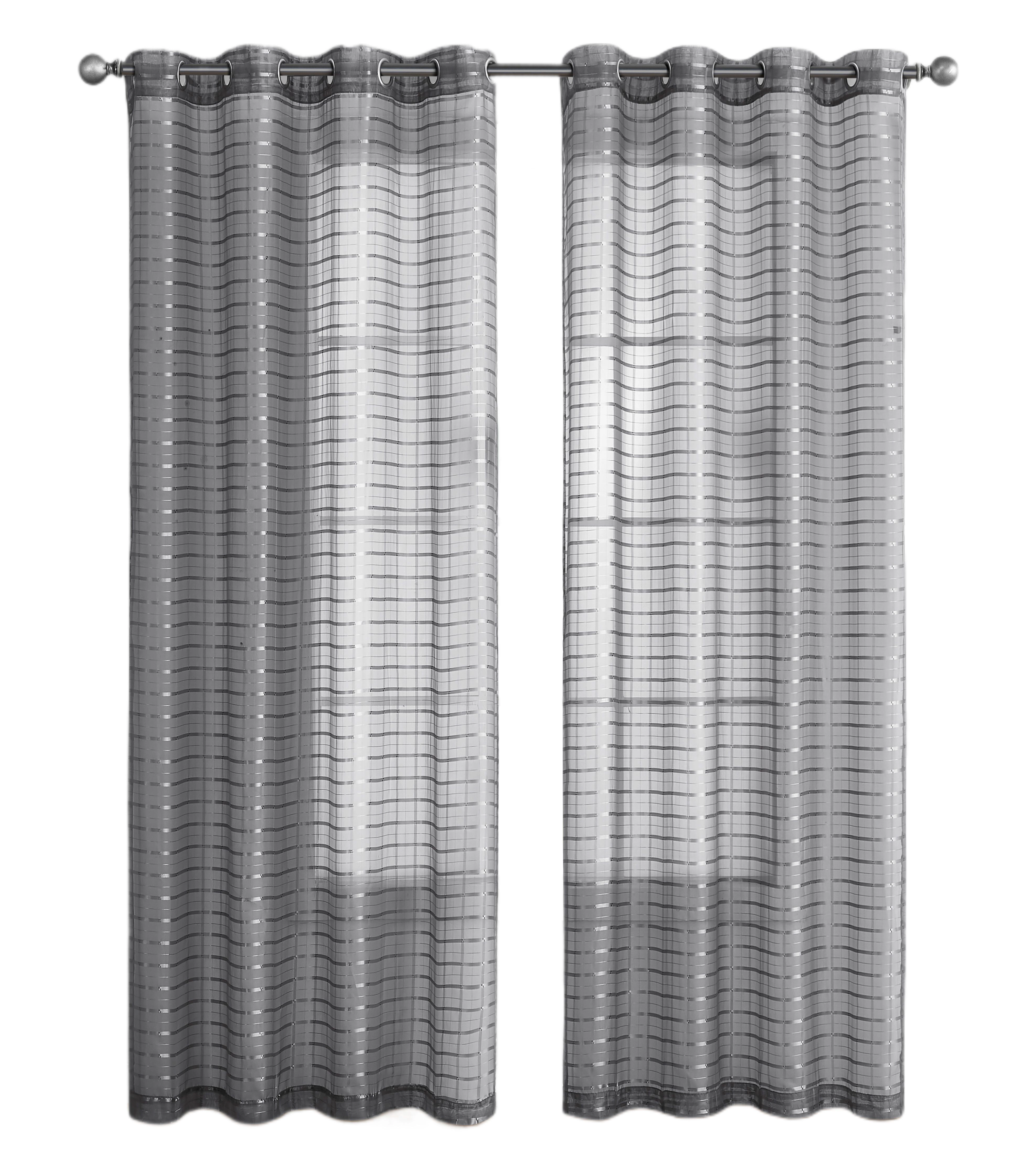 Kate Aurora 2 Piece Silver Plaid Grommet Top Sheer Window Curtain Panels - 84 in. Long