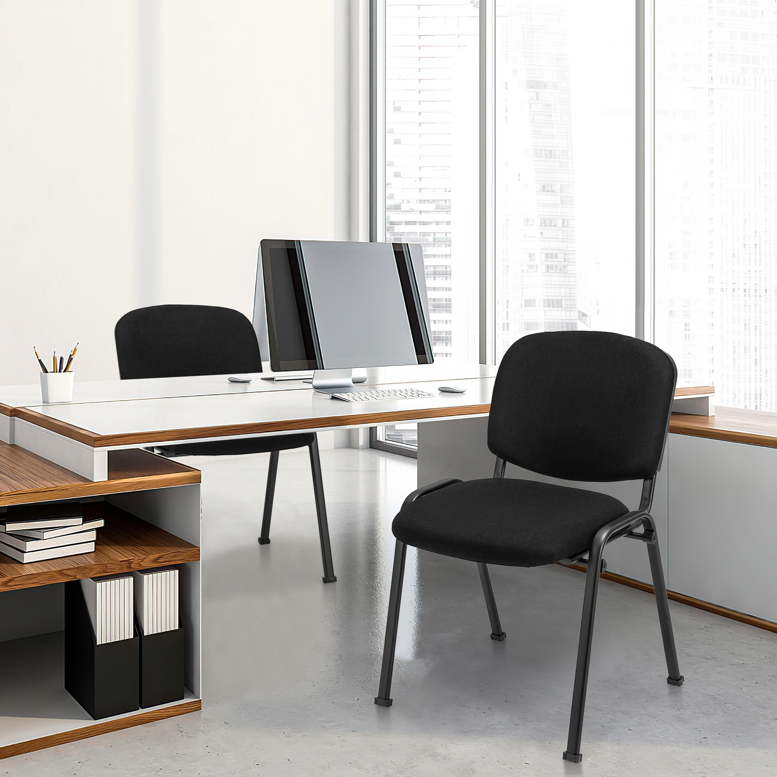SUGIFT Stackable Metal Frame Office Chair with Padded Linen Cushions 330-Lb Capacity Black Conference Reception